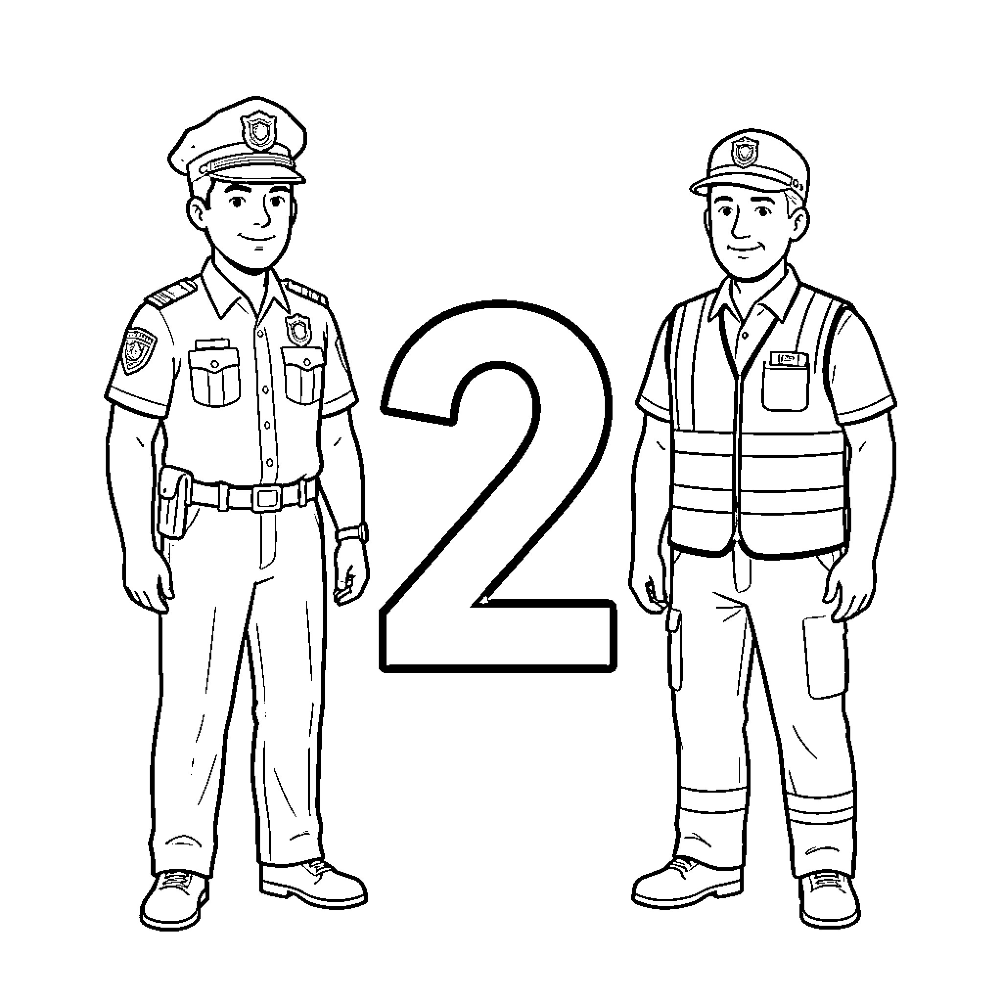 Number 2: Two uniformed officers posing Coloring Page (free black-and-white line drawing printable PDF for all, from beginners to advanced learners, including children, teens, adults, and seniors)