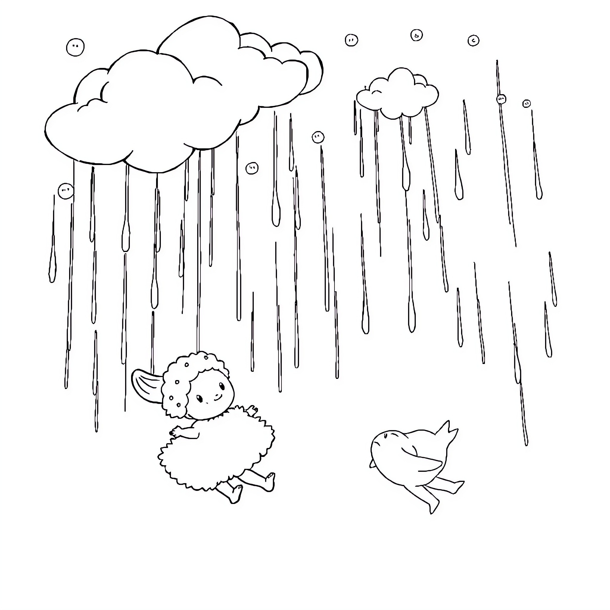 Dolly's rainy day adventure with her friend Coloring Page (free black-and-white line drawing printable PDF for all, from beginners to advanced learners, including children, teens, adults, and seniors)