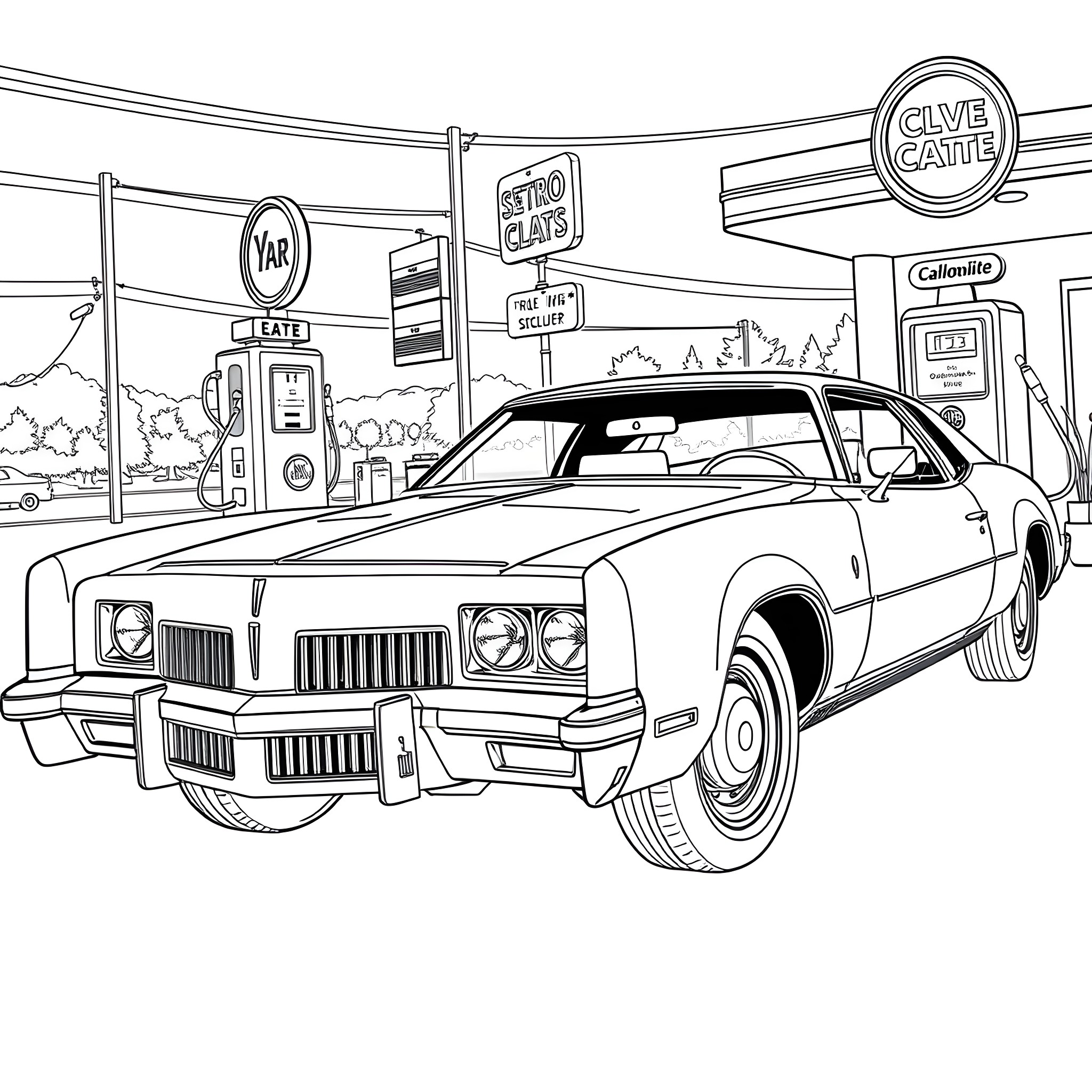 Oldsmobile Cruising Through a Retro Gas Station Coloring Page (free black-and-white line drawing printable PDF for all, from beginners to advanced learners, including children, teens, adults, and seniors)