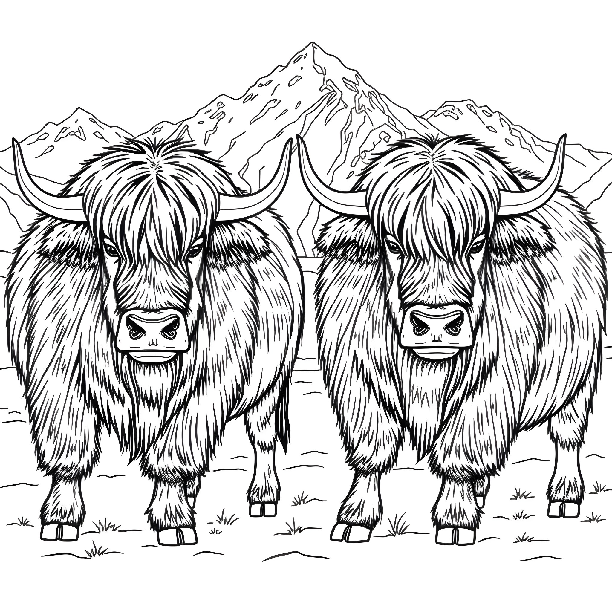 Yaks roaming amidst snowy mountains Coloring Page (free black-and-white line drawing printable PDF for all, from beginners to advanced learners, including children, teens, adults, and seniors)