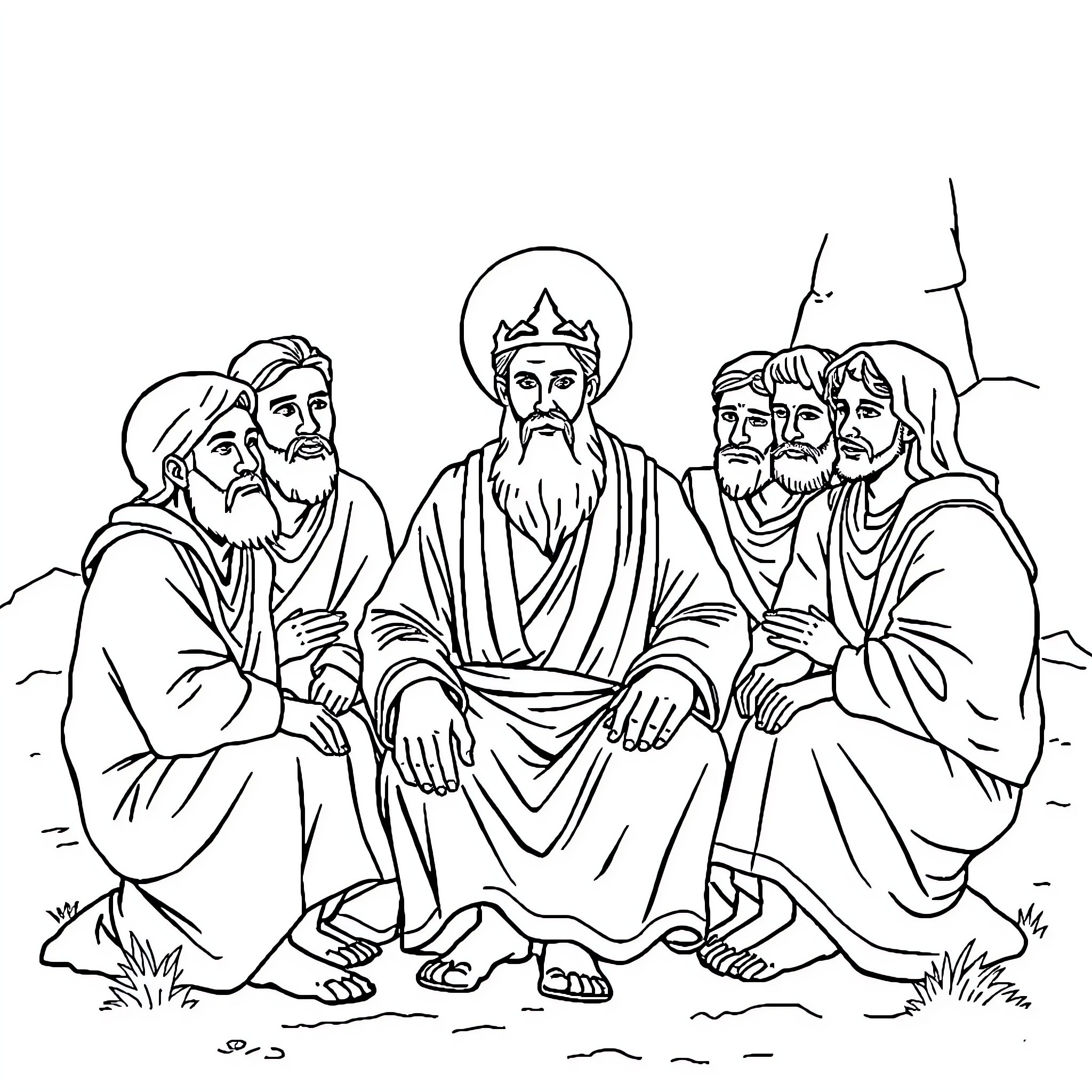 Israel: Religious leaders in discussion Coloring Page (free black-and-white line drawing printable PDF for all, from beginners to advanced learners, including children, teens, adults, and seniors)