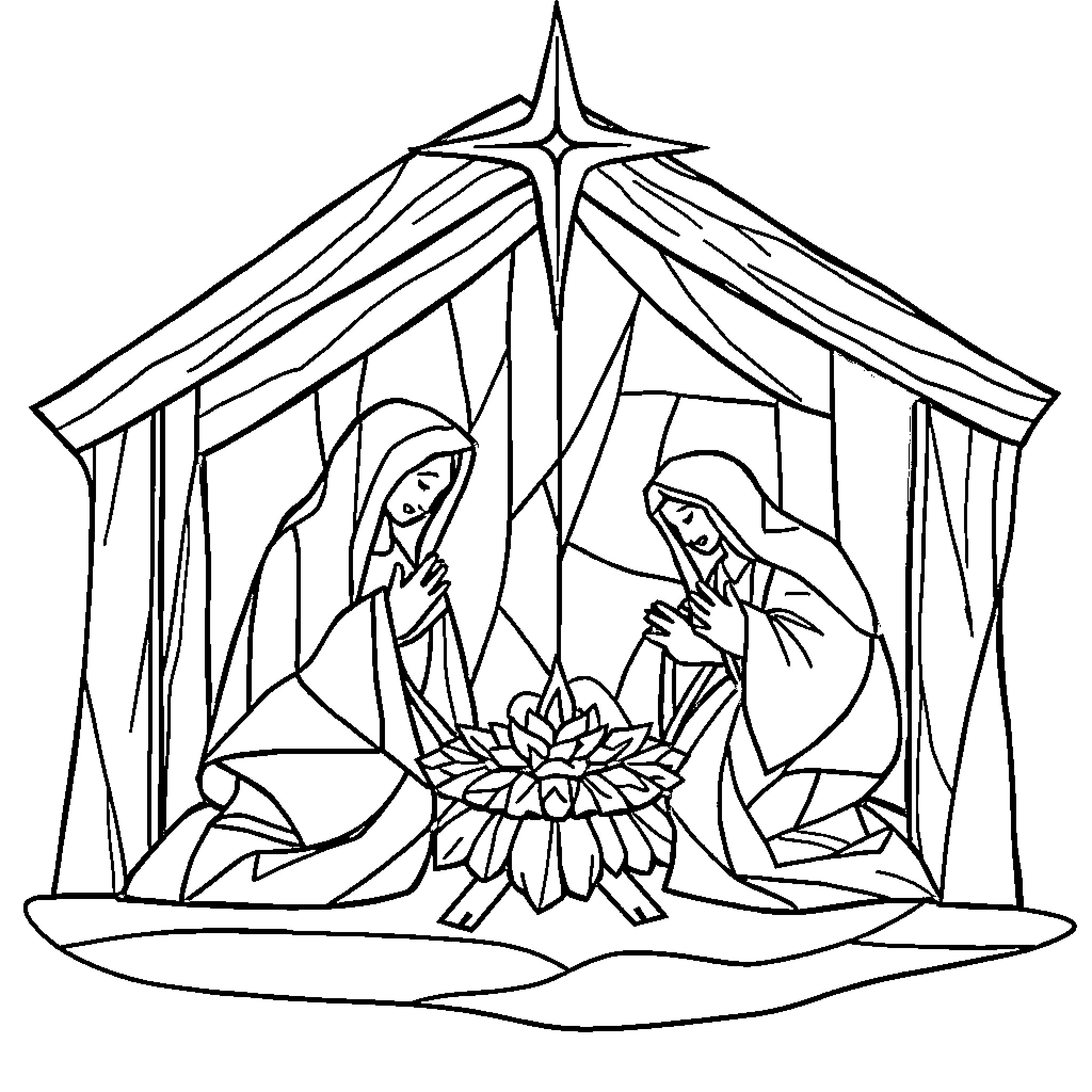 Nativity Scene with Figures and Star Coloring Page (free black-and-white line drawing printable PDF for all, from beginners to advanced learners, including children, teens, adults, and seniors)