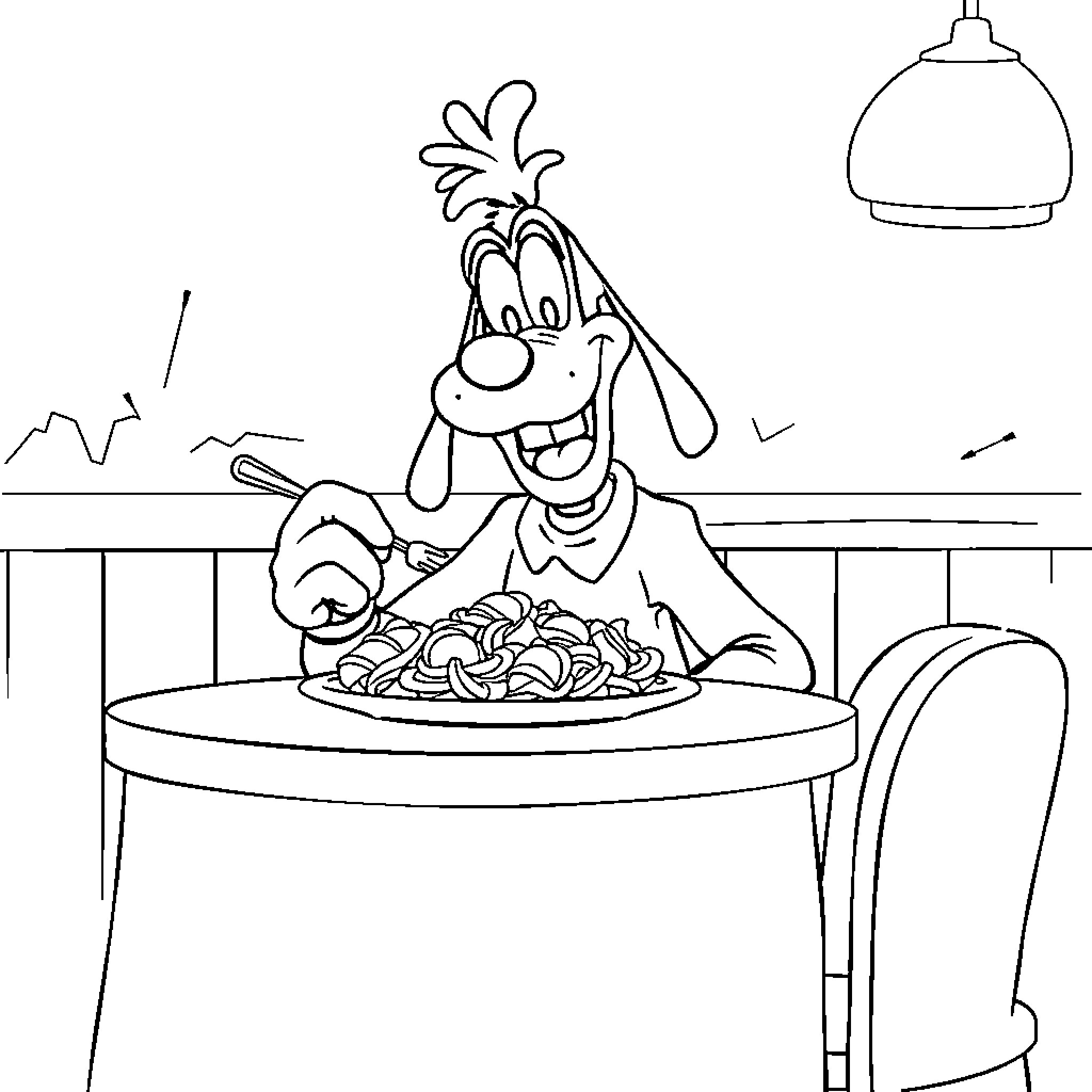 Goofy character enjoying a hearty meal Coloring Page (free black-and-white line drawing printable PDF for all, from beginners to advanced learners, including children, teens, adults, and seniors)