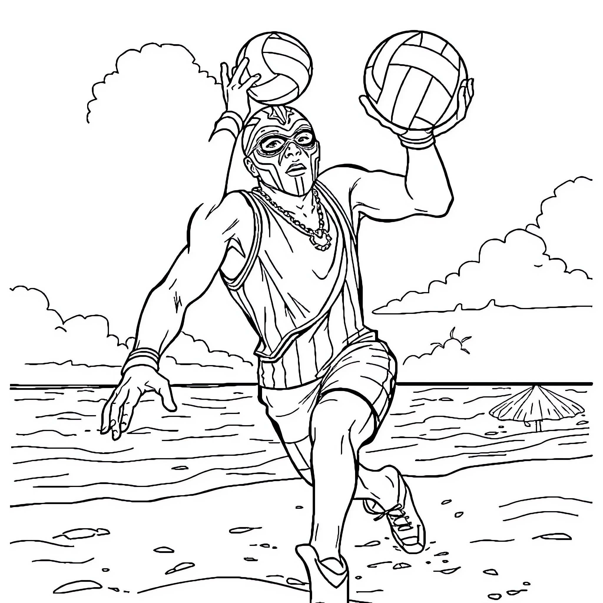 Rey Mysterio Playing Volleyball in Tropical Setting Coloring Page (free black-and-white line drawing printable PDF for all, from beginners to advanced learners, including children, teens, adults, and seniors)