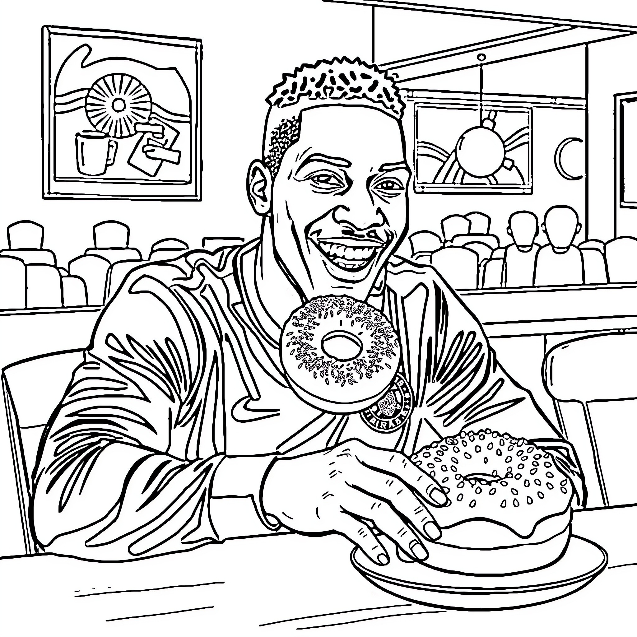 Mbappe enjoying a tasty snack at a cafe Coloring Page (free black-and-white line drawing printable PDF for all, from beginners to advanced learners, including children, teens, adults, and seniors)
