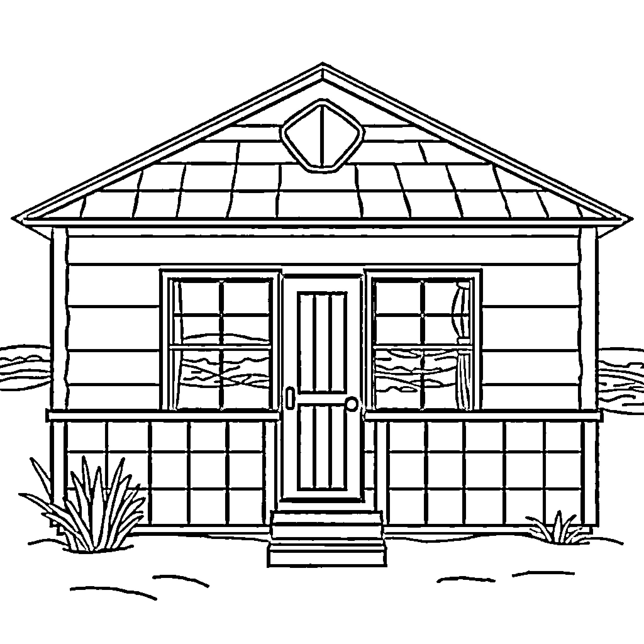 Beach House with Quaint Exterior and Foliage Coloring Page (free black-and-white line drawing printable PDF for all, from beginners to advanced learners, including children, teens, adults, and seniors)