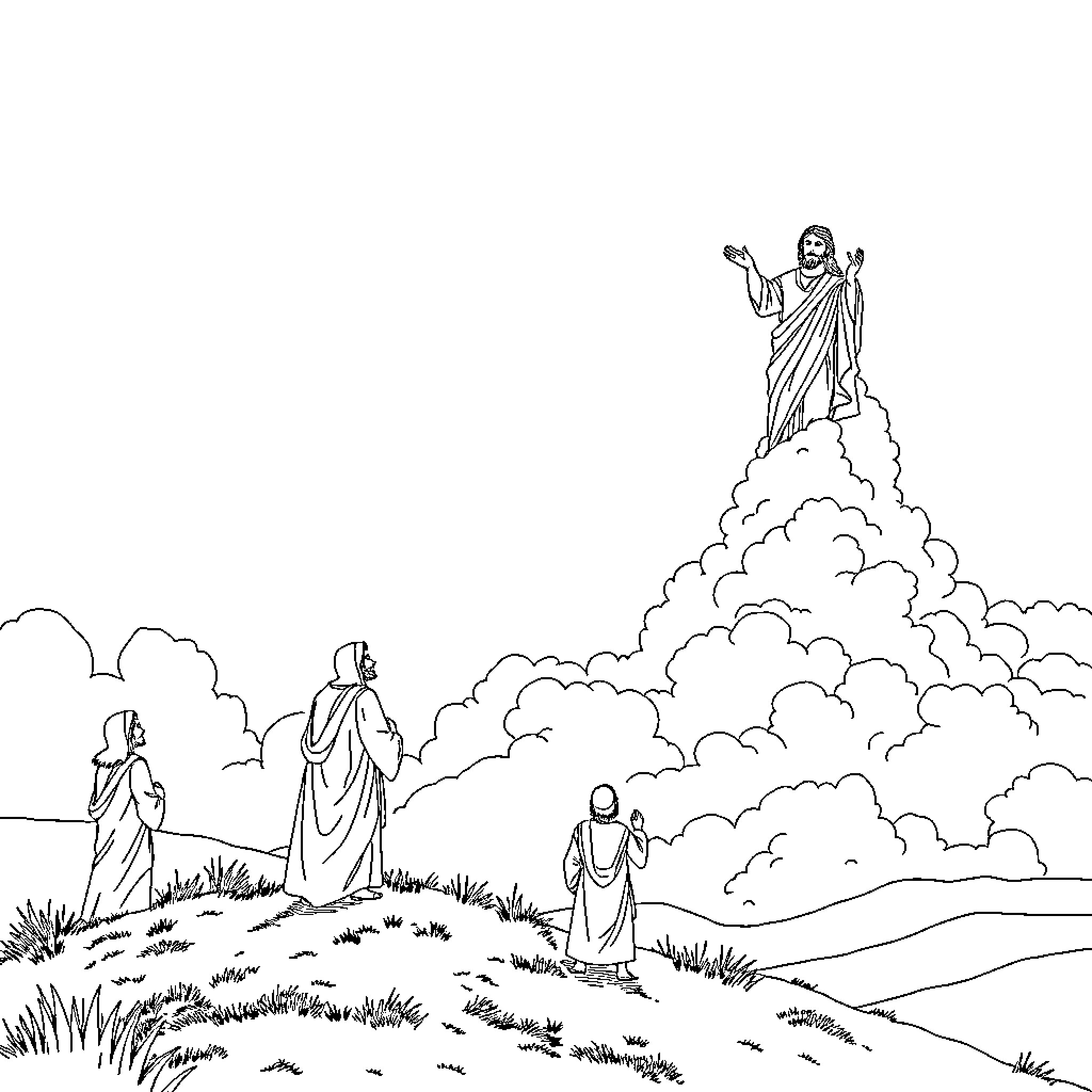 Jesus ascending into the heavens amid clouds Coloring Page (free black-and-white line drawing printable PDF for all, from beginners to advanced learners, including children, teens, adults, and seniors)