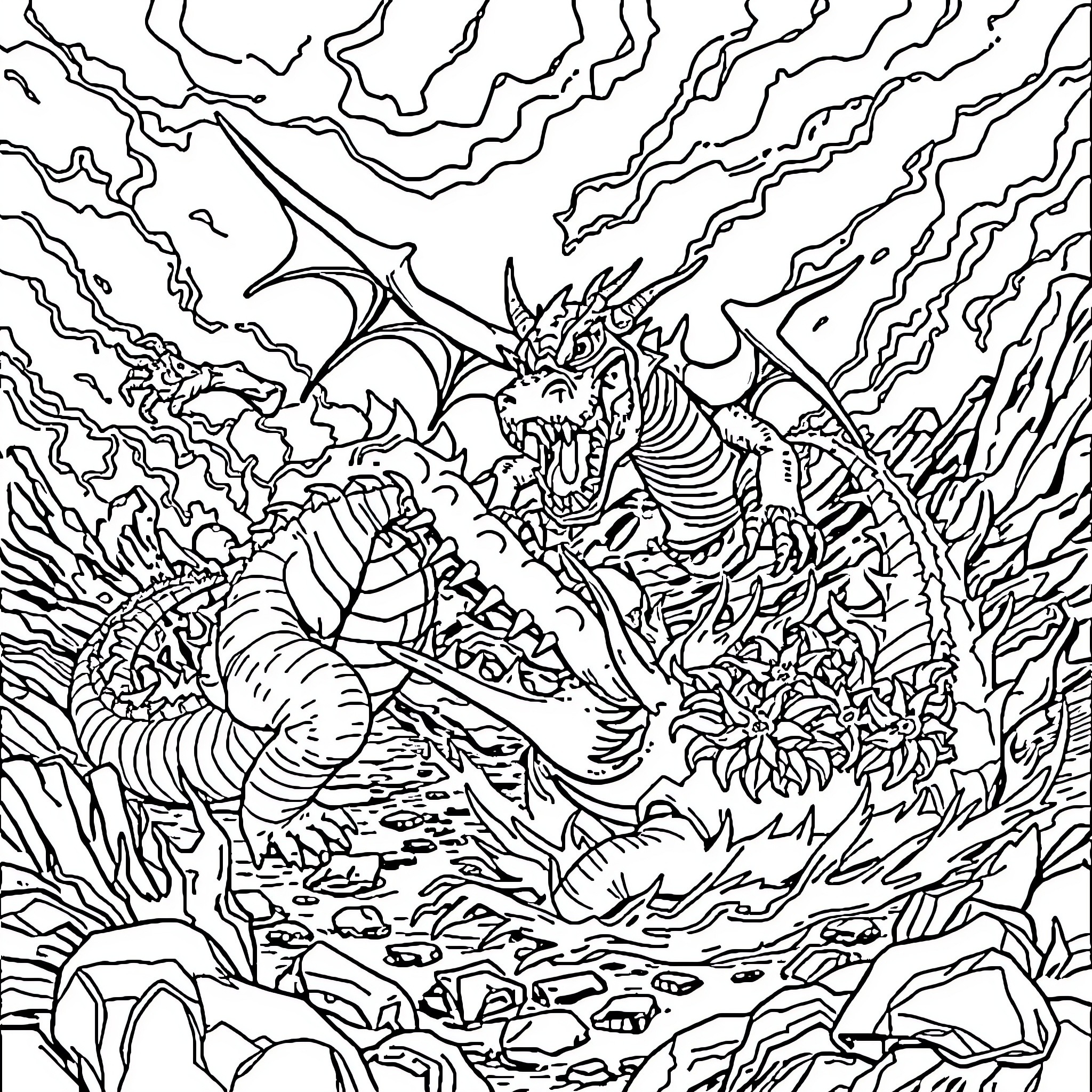 Alligator dragon wreaking havoc in a fantasy landscape Coloring Page (free black-and-white line drawing printable PDF for all, from beginners to advanced learners, including children, teens, adults, and seniors)