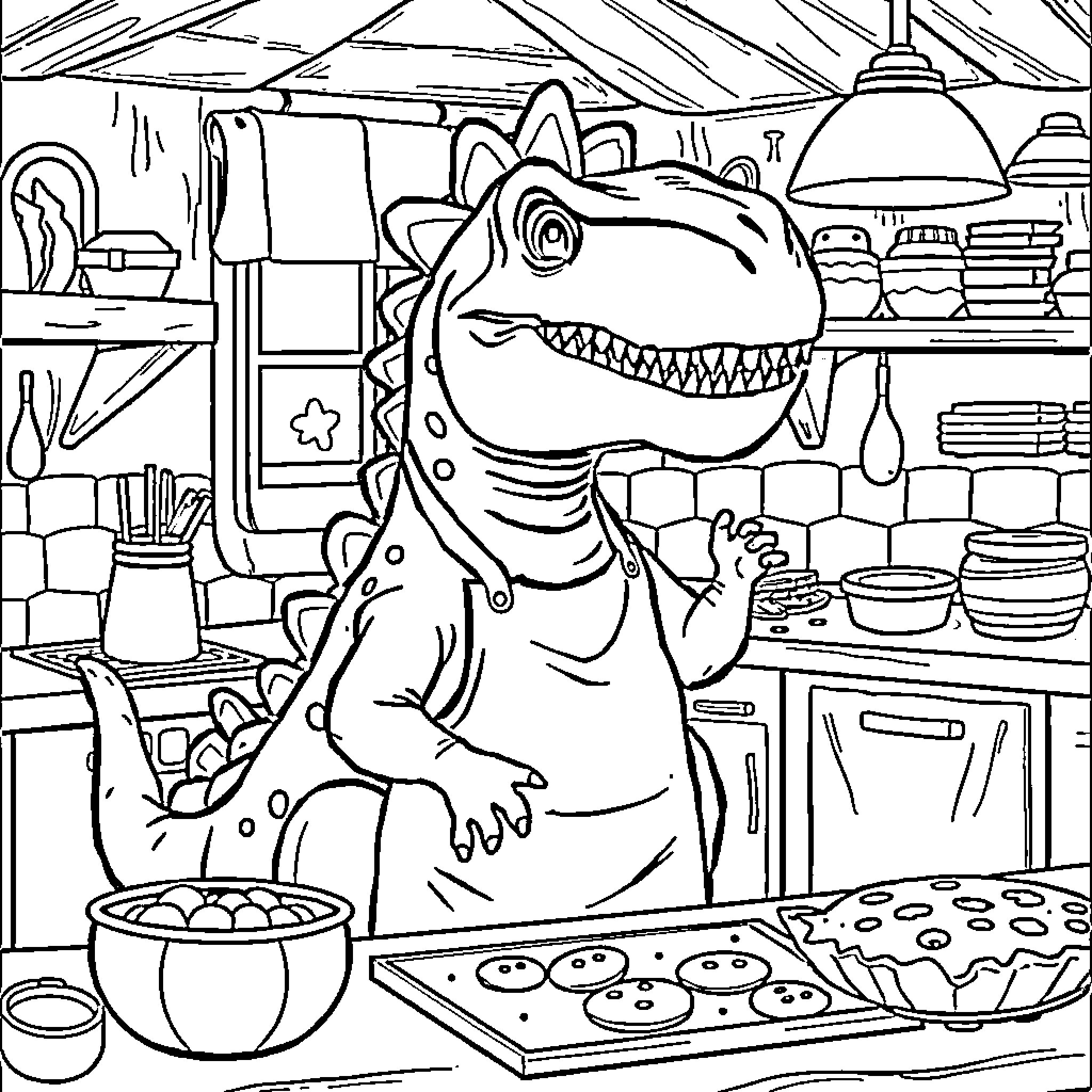 Dinosaur chef cooking in a kitchen Coloring Page (free black-and-white line drawing printable PDF for all, from beginners to advanced learners, including children, teens, adults, and seniors)