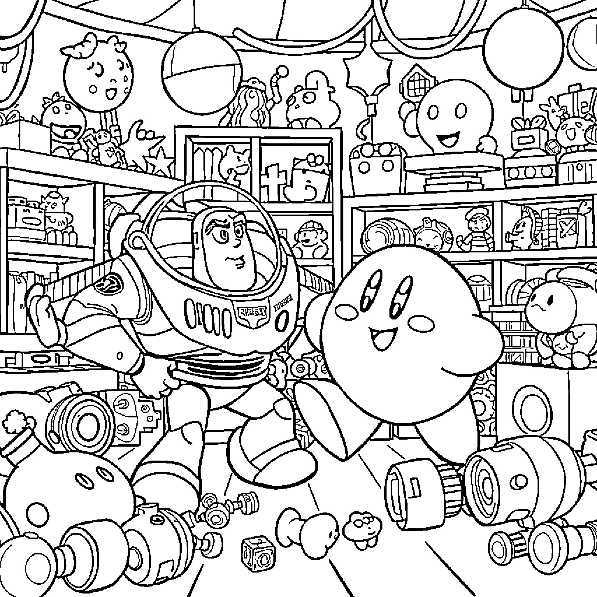 Kirby's Whimsical Adventure in a Toy Wonderland Coloring Page (free black-and-white line drawing printable PDF for all, from beginners to advanced learners, including children, teens, adults, and seniors)