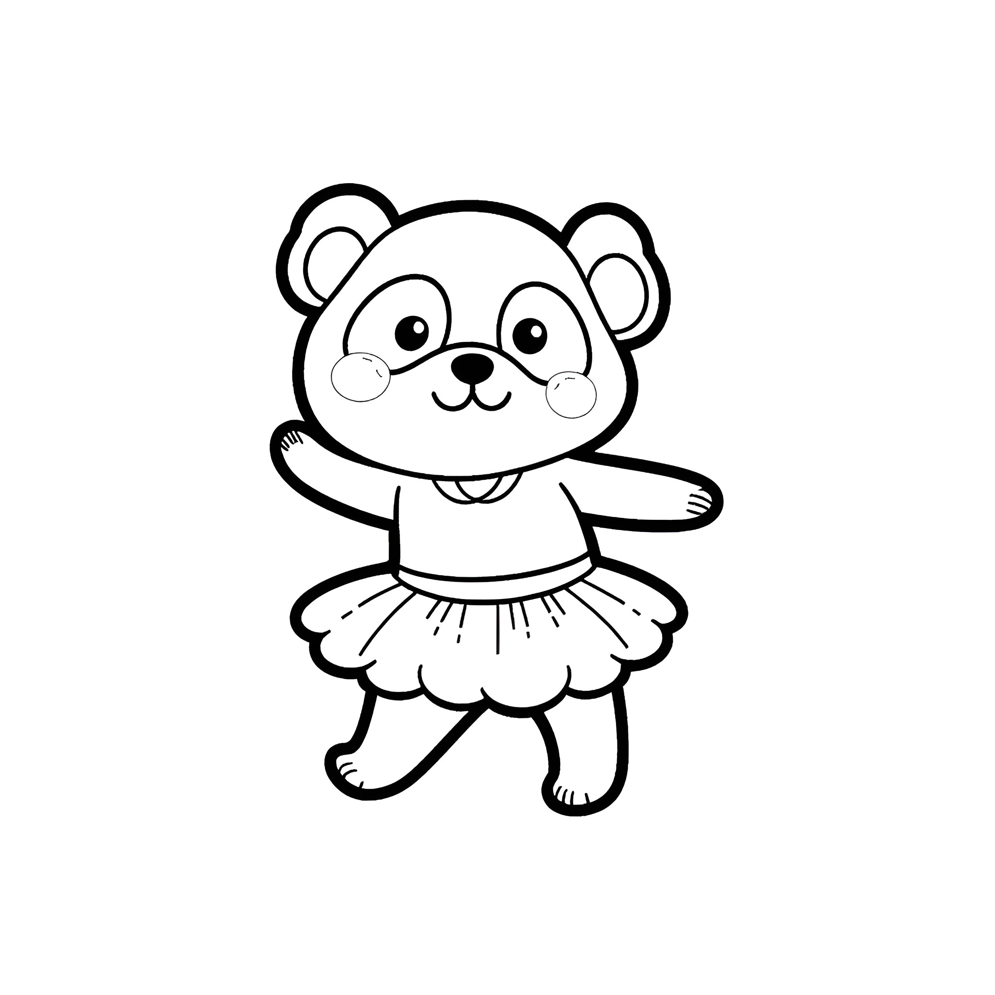 Panda bear wearing a tutu and dancing Coloring Page (free black-and-white line drawing printable PDF for all, from beginners to advanced learners, including children, teens, adults, and seniors)