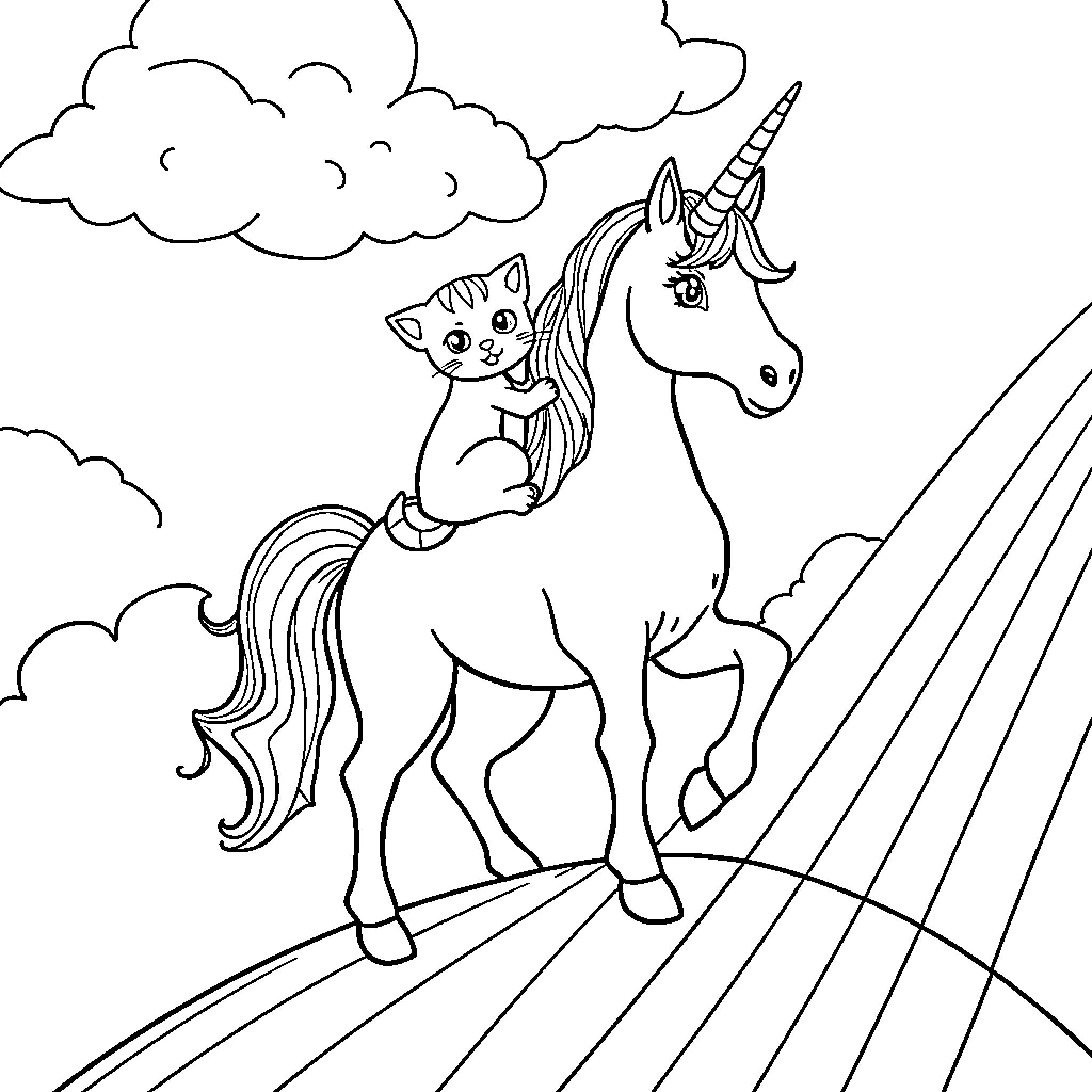 Unicorn and cat riding through the clouds Coloring Page (free black-and-white line drawing printable PDF for all, from beginners to advanced learners, including children, teens, adults, and seniors)