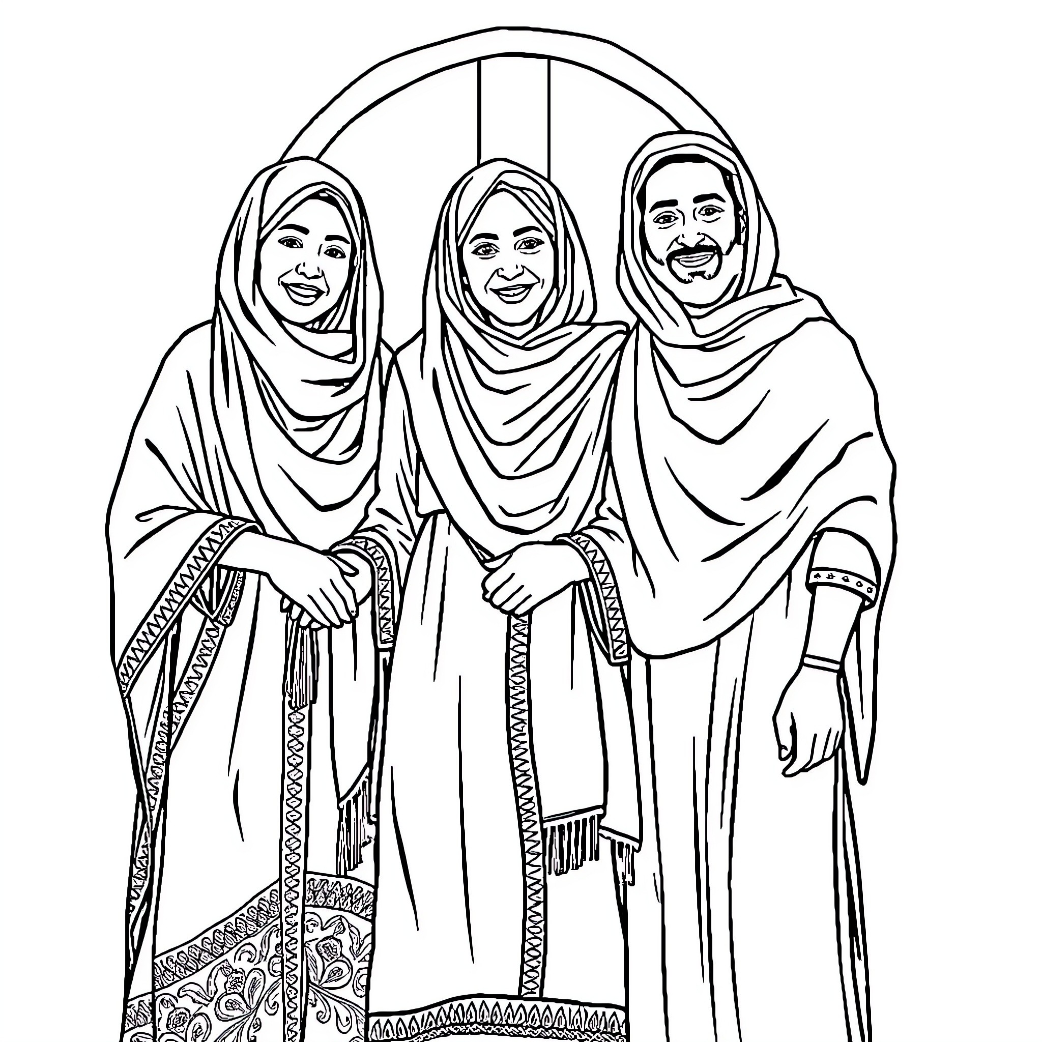 Person in traditional clothing posing together Coloring Page (free black-and-white line drawing printable PDF for all, from beginners to advanced learners, including children, teens, adults, and seniors)