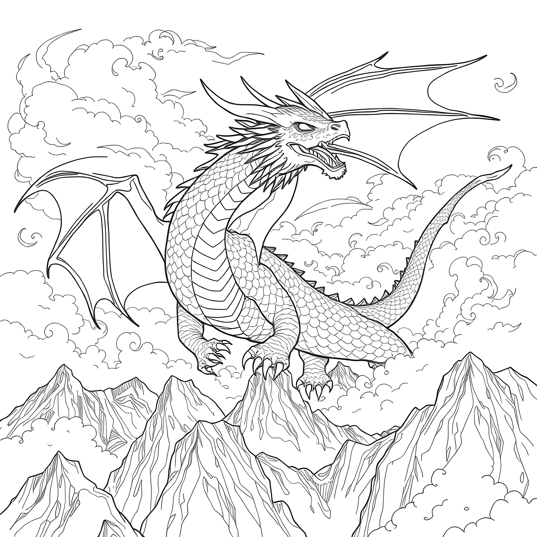 Blue Eyes White Dragon soaring through the sky Coloring Page (free black-and-white line drawing printable PDF for all, from beginners to advanced learners, including children, teens, adults, and seniors)