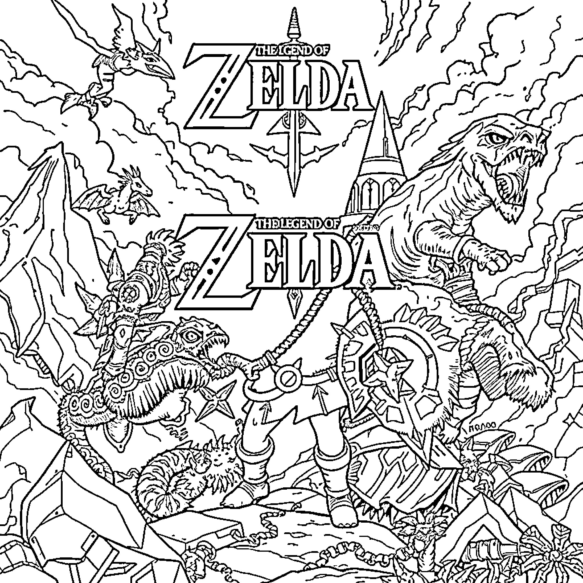 Zelda characters in an epic fantasy adventure Coloring Page (free black-and-white line drawing printable PDF for all, from beginners to advanced learners, including children, teens, adults, and seniors)