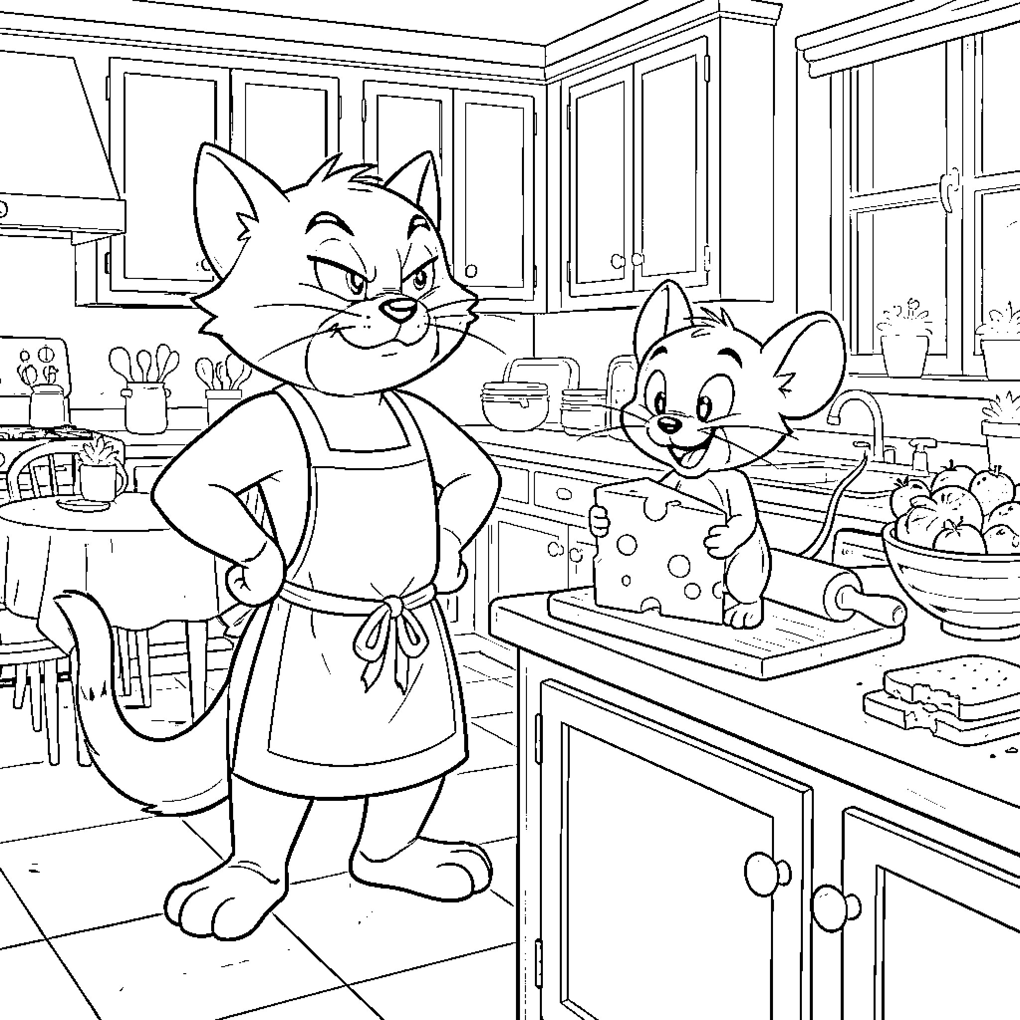 Tom and Jerry cooking up mischief in the kitchen Coloring Page (free black-and-white line drawing printable PDF for all, from beginners to advanced learners, including children, teens, adults, and seniors)