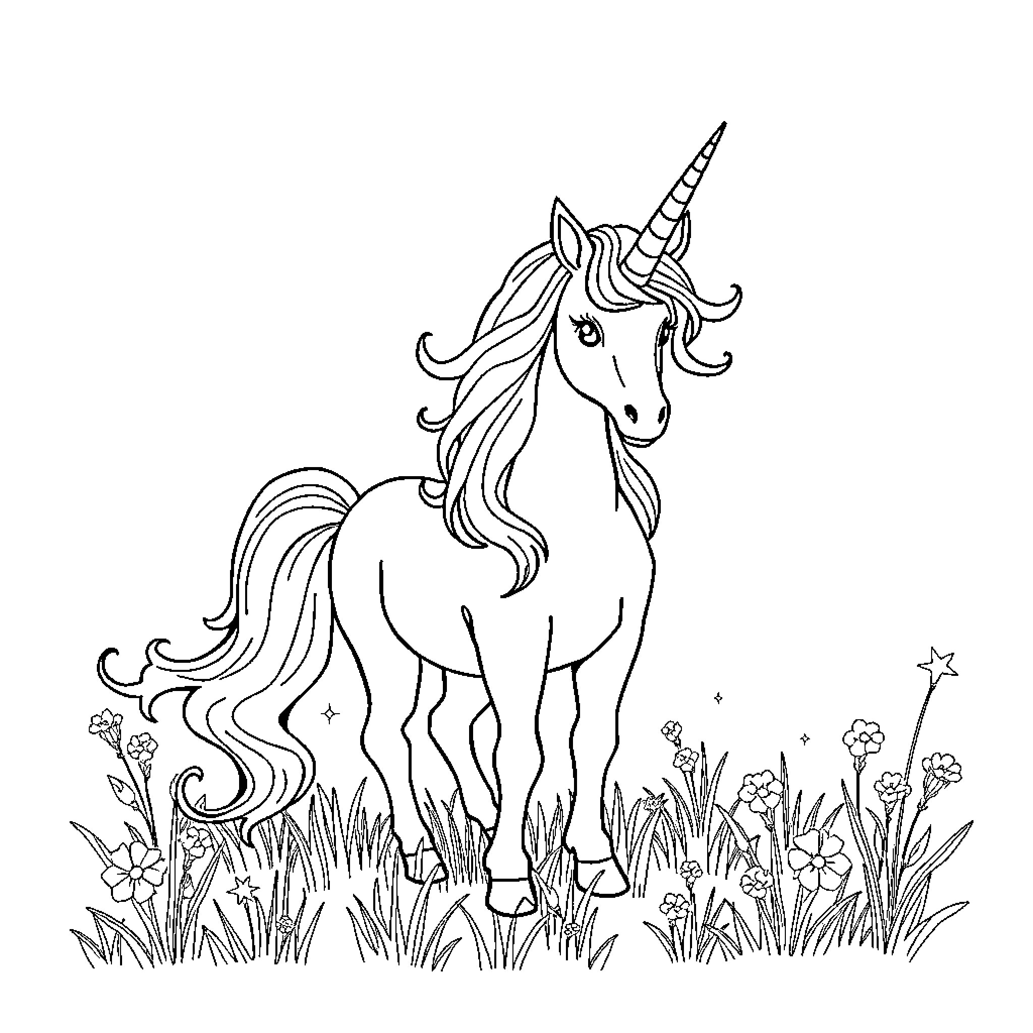 Unicorn standing gracefully in a floral field Coloring Page (free black-and-white line drawing printable PDF for all, from beginners to advanced learners, including children, teens, adults, and seniors)