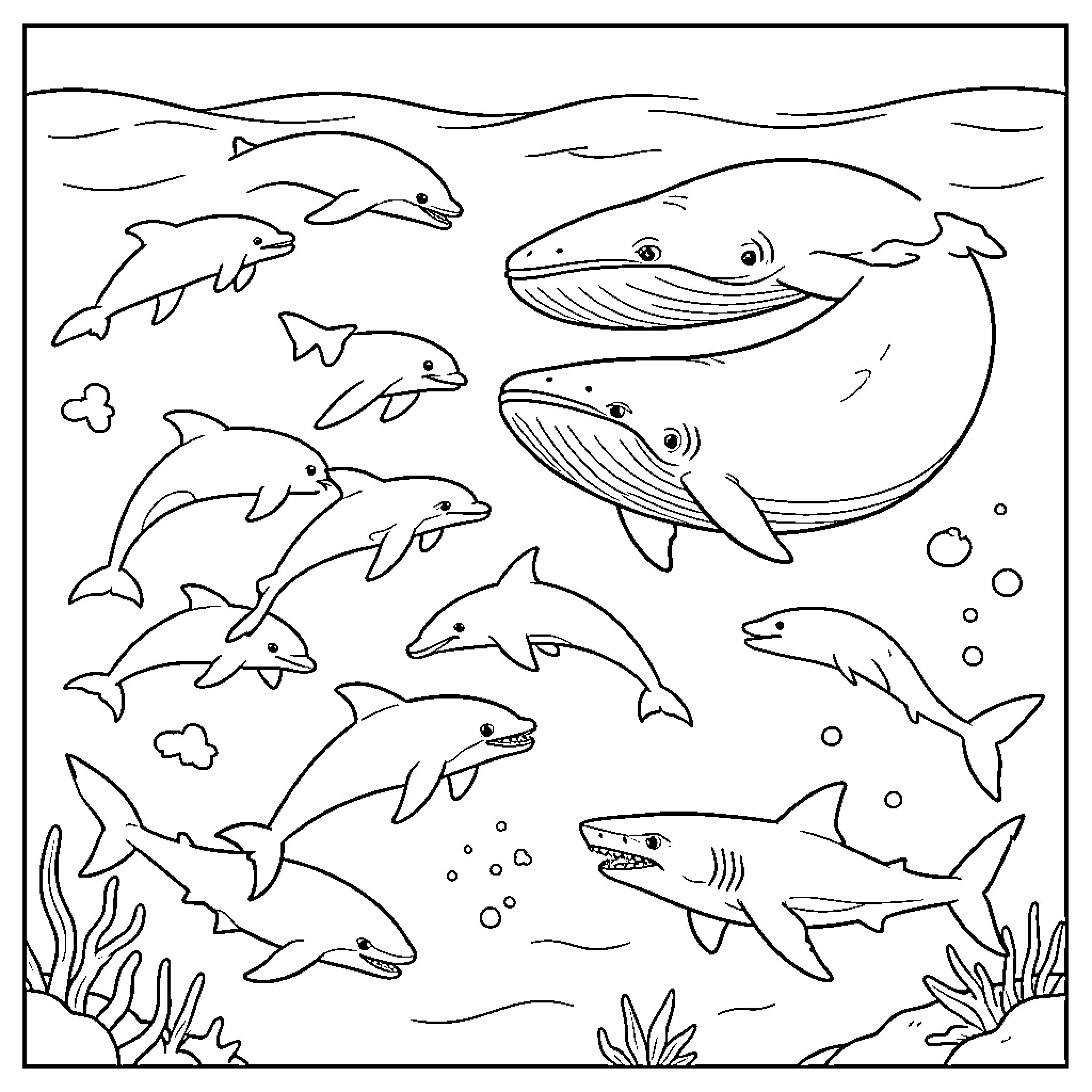 Ocean Animal swimming together in the deep sea Coloring Page (free black-and-white line drawing printable PDF for all, from beginners to advanced learners, including children, teens, adults, and seniors)