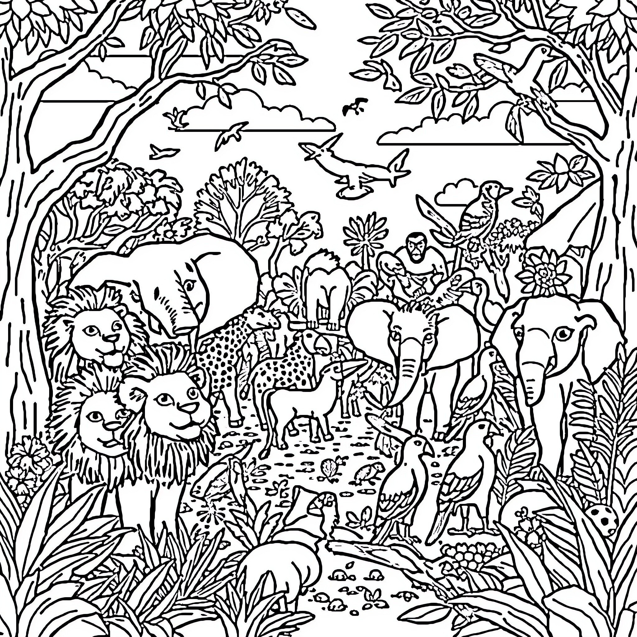 Zoo animals enjoying the lush jungle landscape Coloring Page (free black-and-white line drawing printable PDF for all, from beginners to advanced learners, including children, teens, adults, and seniors)