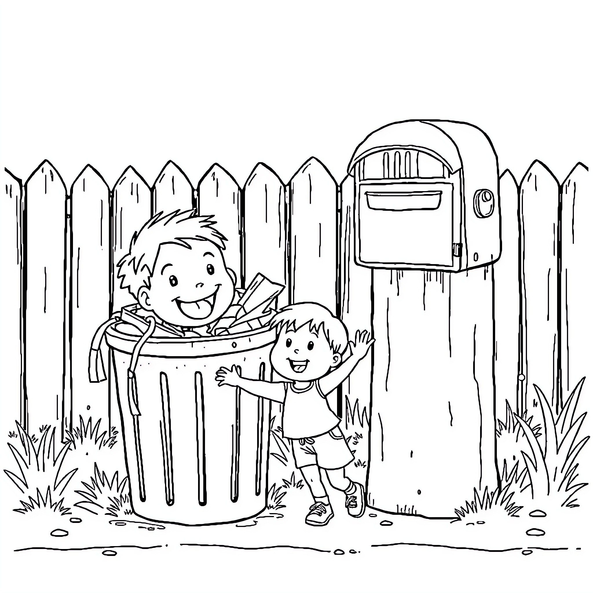 Kid friends playing near the mailbox Coloring Page (free black-and-white line drawing printable PDF for all, from beginners to advanced learners, including children, teens, adults, and seniors)
