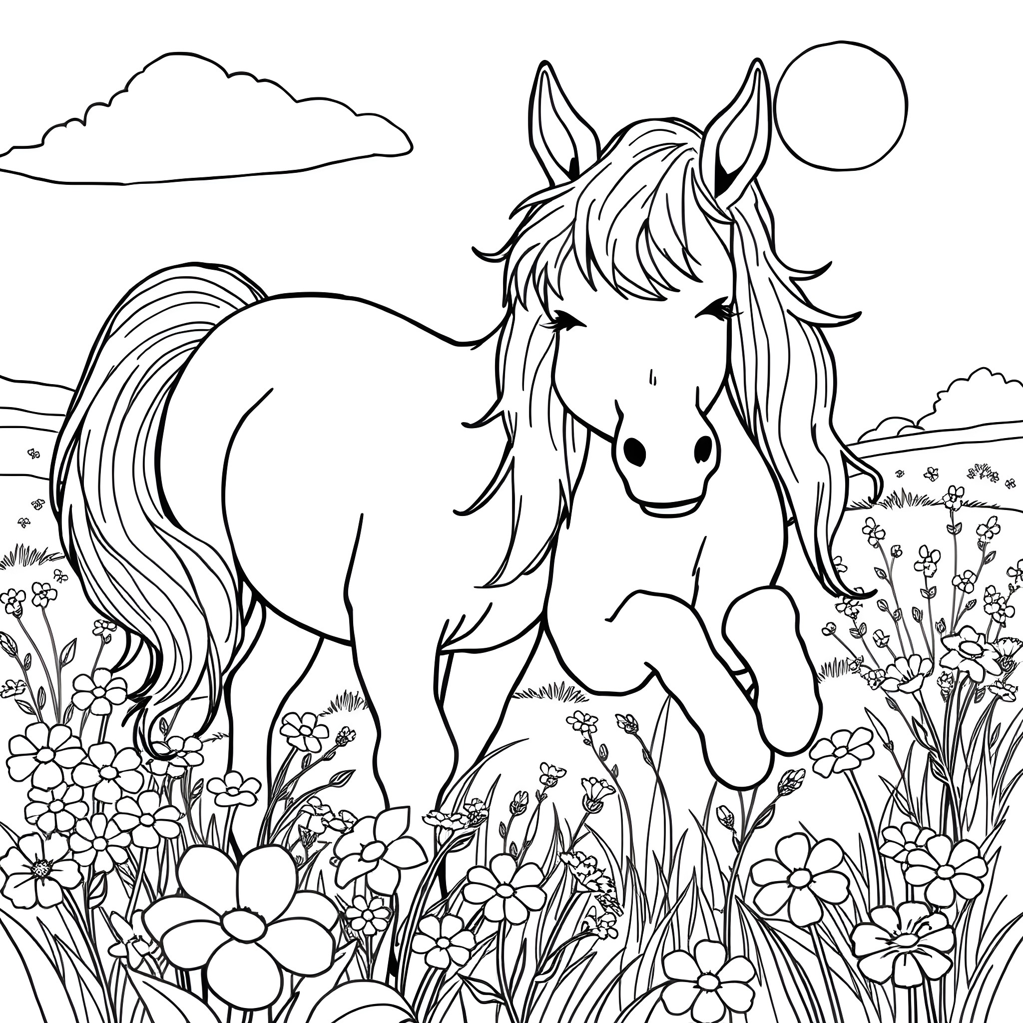Chapell Roan's whimsical horse in a floral meadow Coloring Page (free black-and-white line drawing printable PDF for all, from beginners to advanced learners, including children, teens, adults, and seniors)
