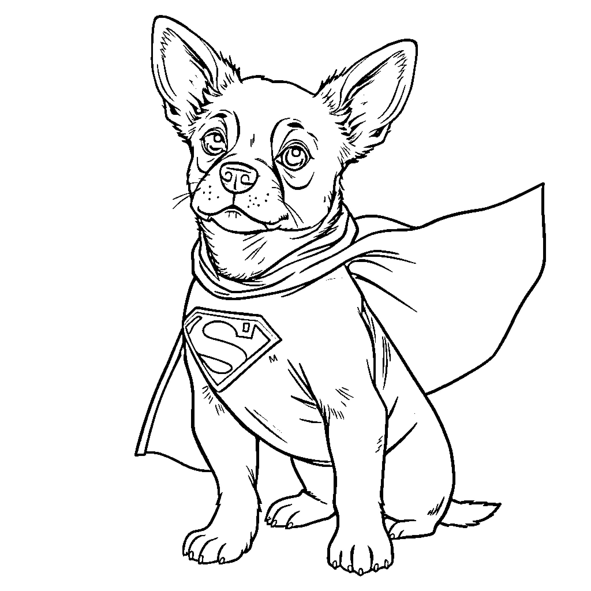 Dog dressed as superhero in costume Coloring Page (free black-and-white line drawing printable PDF for all, from beginners to advanced learners, including children, teens, adults, and seniors)