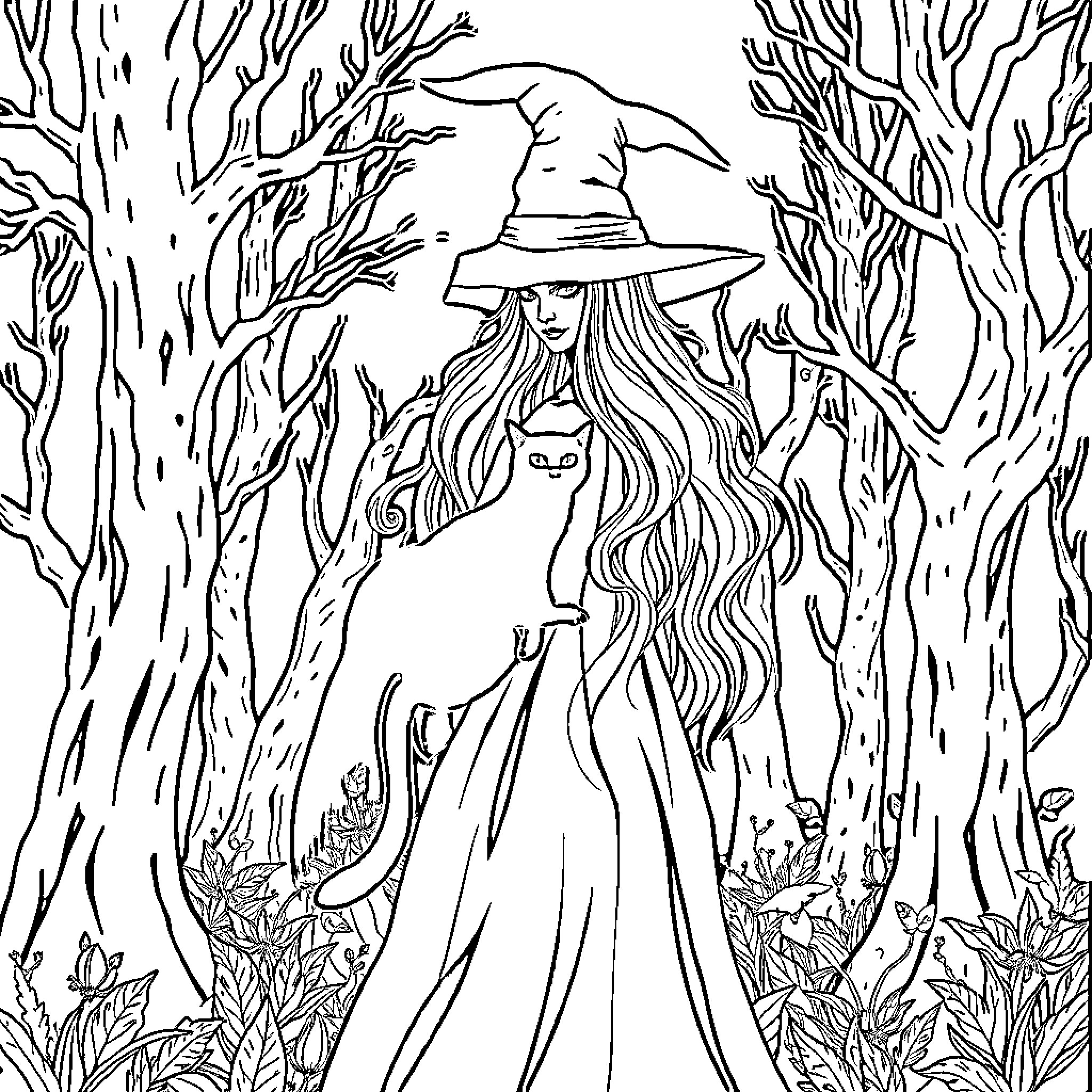 Witch in the Enchanted Forest Coloring Page (free black-and-white line drawing printable PDF for all, from beginners to advanced learners, including children, teens, adults, and seniors)