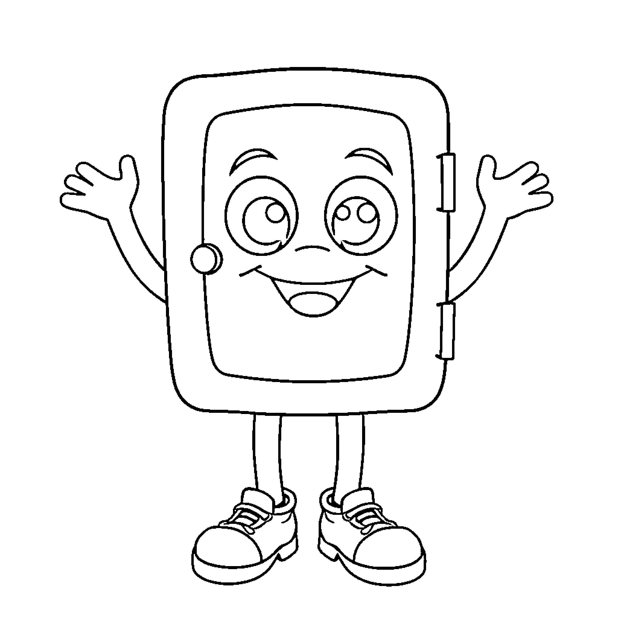 Safe Happy Cartoon Device Character Coloring Page (free black-and-white line drawing printable PDF for all, from beginners to advanced learners, including children, teens, adults, and seniors)
