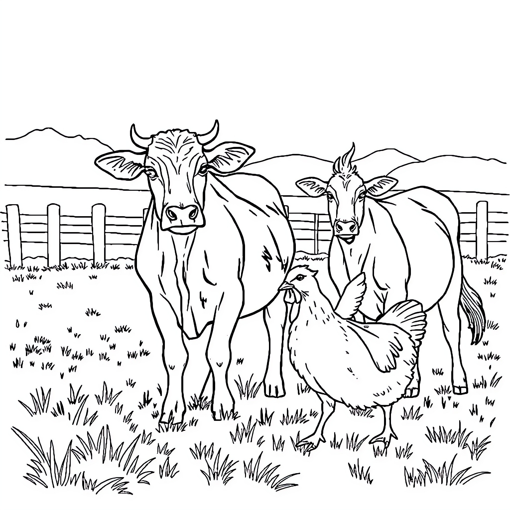 Farm Animals Grazing in Peaceful Pastoral Scene Coloring Page (free black-and-white line drawing printable PDF for all, from beginners to advanced learners, including children, teens, adults, and seniors)
