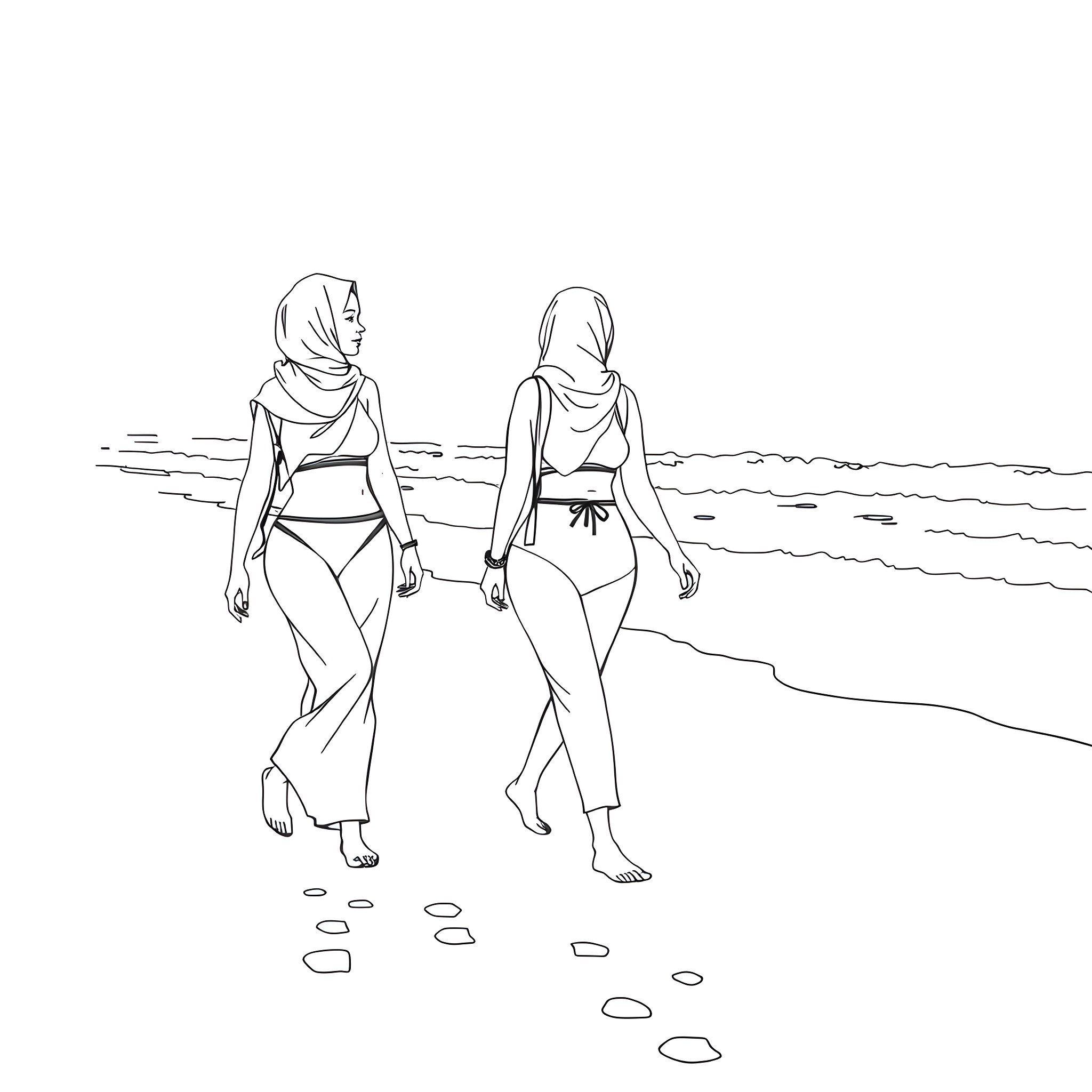 Women walking on the beach Coloring Page (free black-and-white line drawing printable PDF for all, from beginners to advanced learners, including children, teens, adults, and seniors)