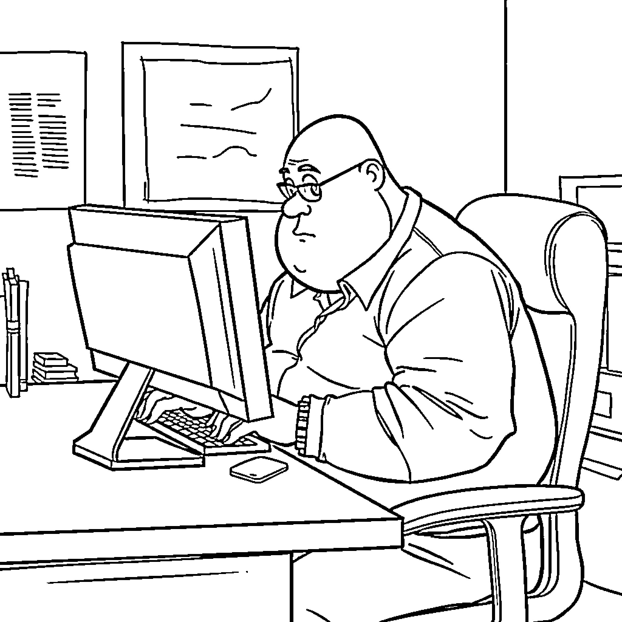 Worker intently focused on computer screen in office Coloring Page (free black-and-white line drawing printable PDF for all, from beginners to advanced learners, including children, teens, adults, and seniors)