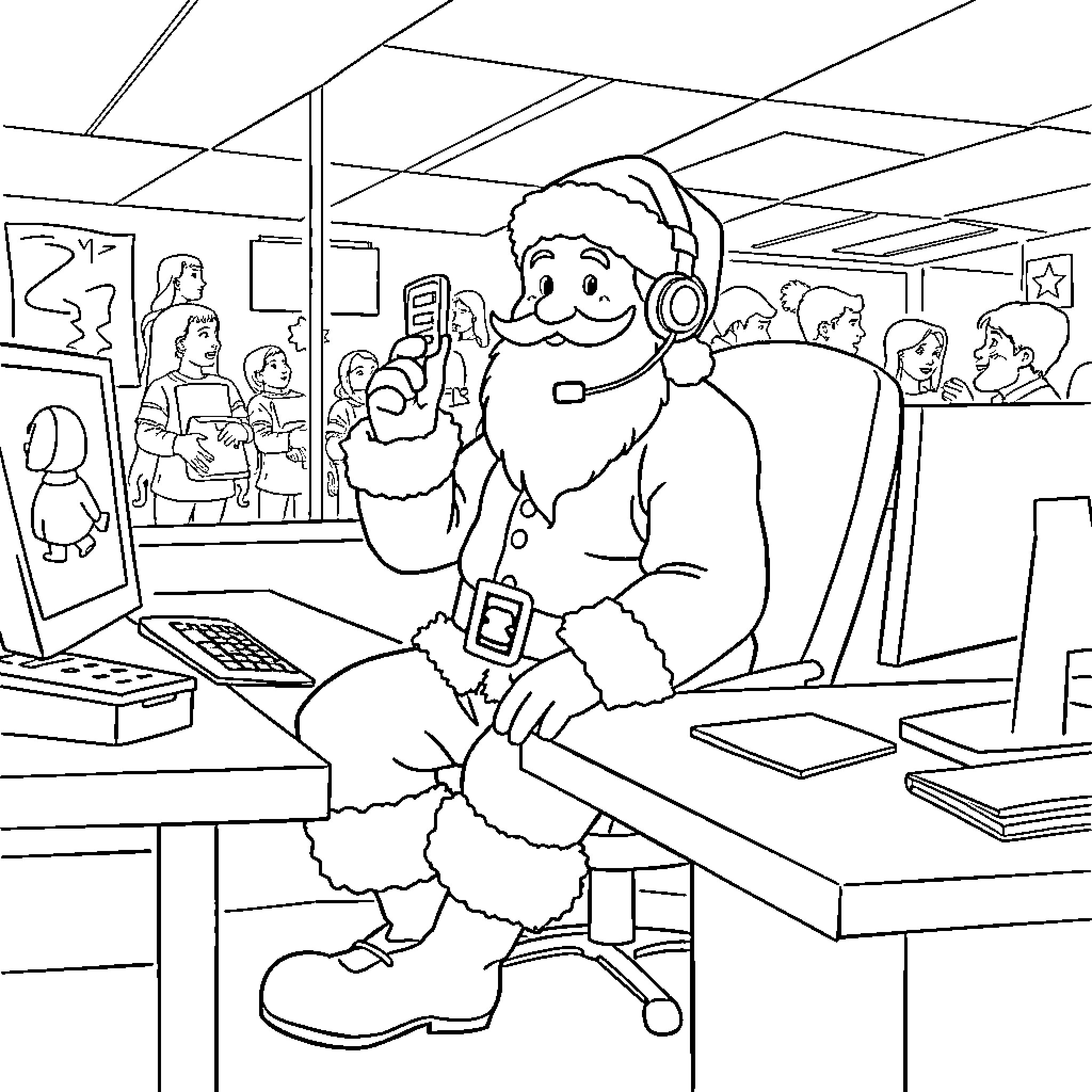 Santa Claus working at a computer in an office Coloring Page (free black-and-white line drawing printable PDF for all, from beginners to advanced learners, including children, teens, adults, and seniors)