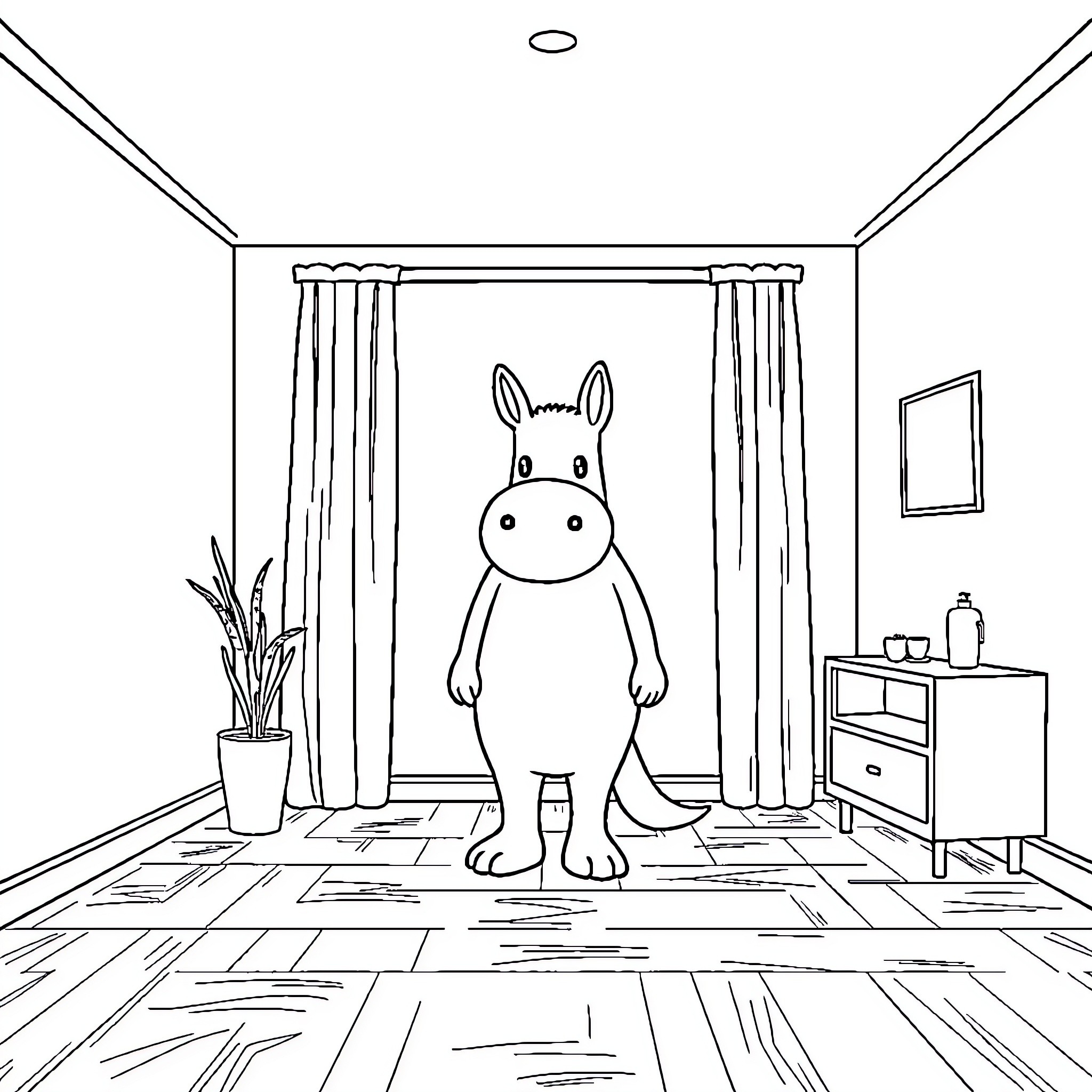 Nologo adorable donkey in cozy indoor setting Coloring Page (free black-and-white line drawing printable PDF for all, from beginners to advanced learners, including children, teens, adults, and seniors)