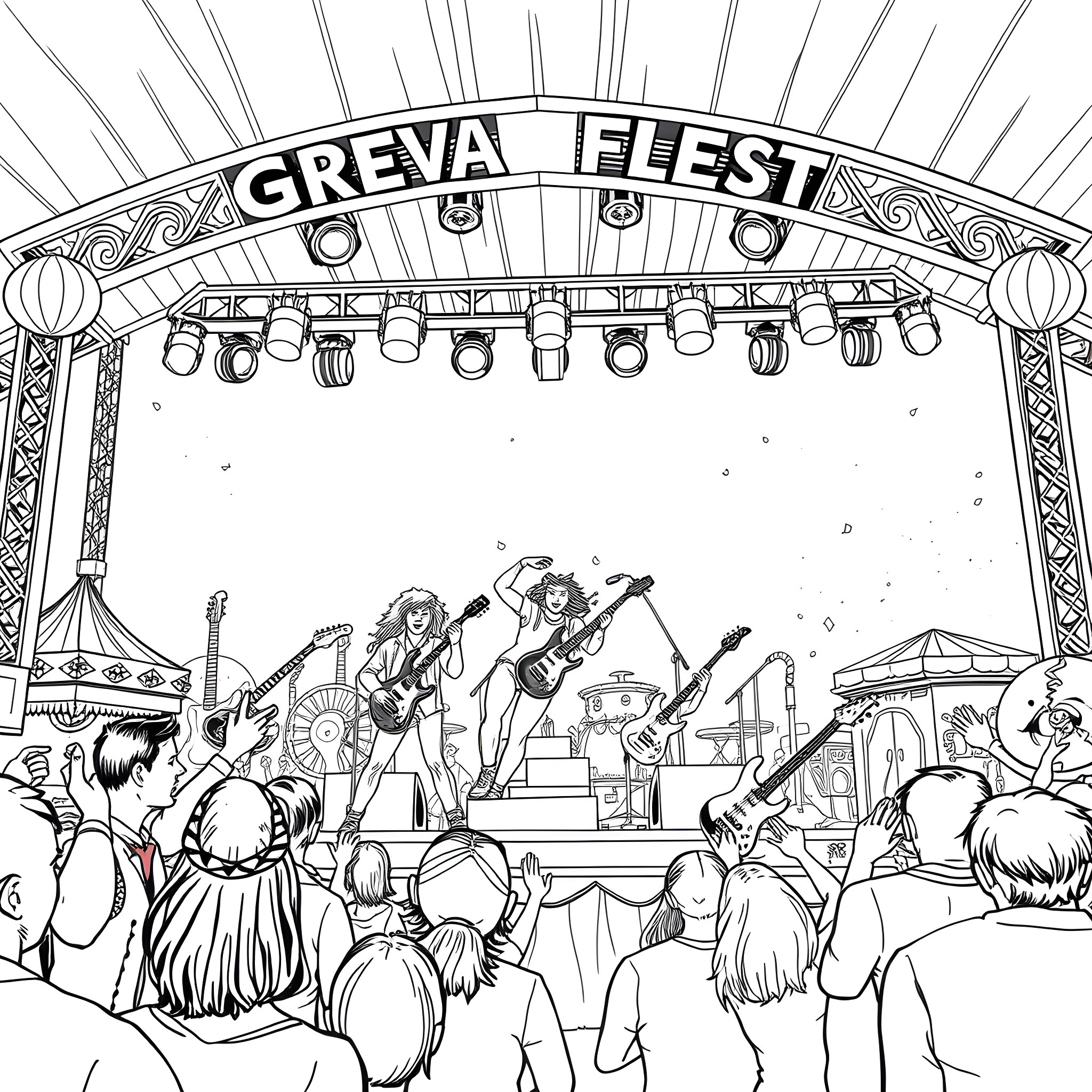 Greta Van Fleet performing at a lively music festival Coloring Page (free black-and-white line drawing printable PDF for all, from beginners to advanced learners, including children, teens, adults, and seniors)