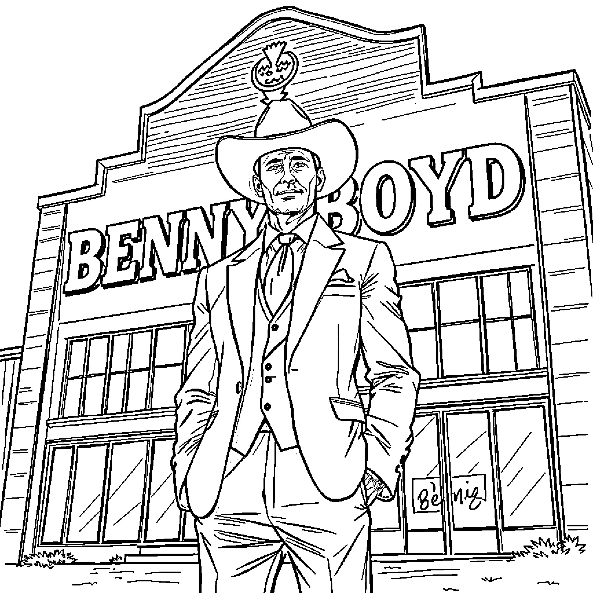 Man standing outside Benny Boyd building Coloring Page (free black-and-white line drawing printable PDF for all, from beginners to advanced learners, including children, teens, adults, and seniors)