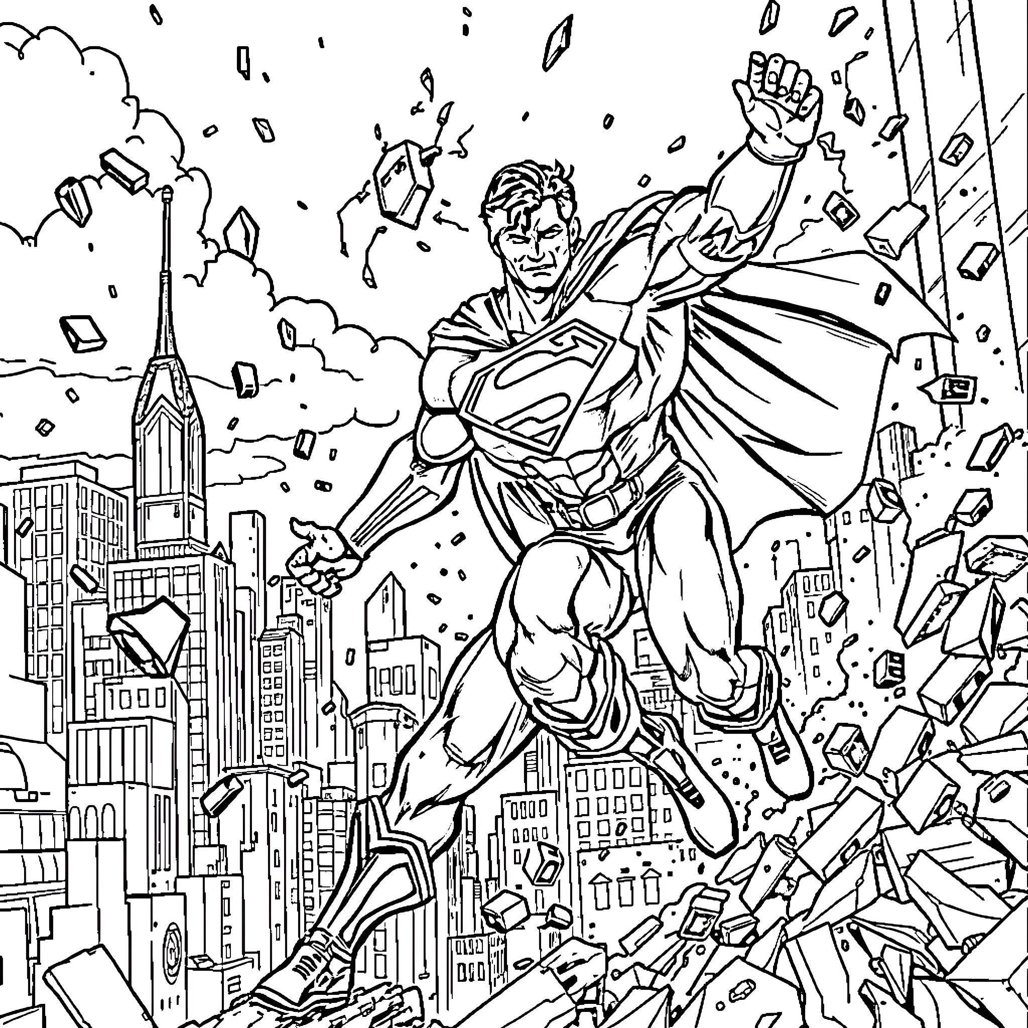 Omni Man Unleashing Power in the City Coloring Page (free black-and-white line drawing printable PDF for all, from beginners to advanced learners, including children, teens, adults, and seniors)