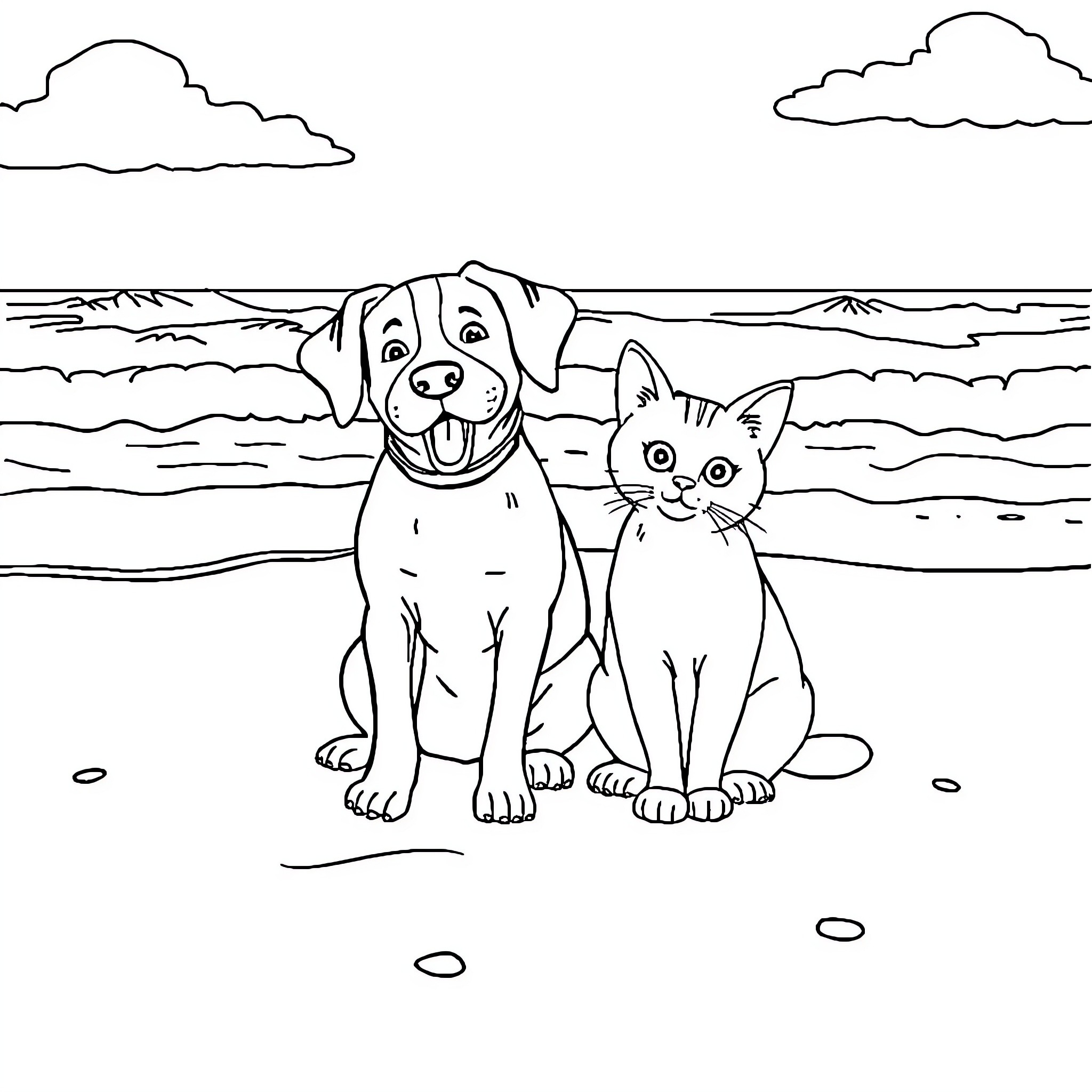 Dog and Cat Enjoying the Outdoors Coloring Page (free black-and-white line drawing printable PDF for all, from beginners to advanced learners, including children, teens, adults, and seniors)