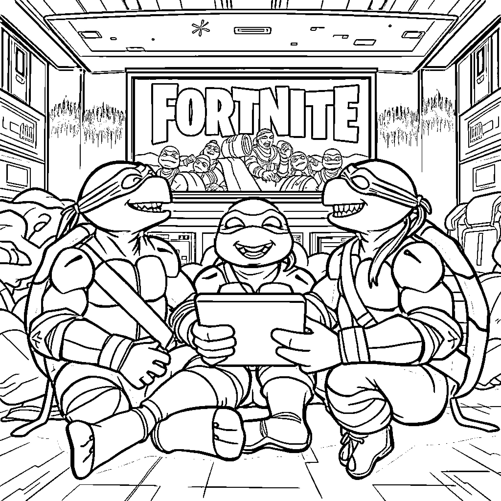 Ninja Turtle characters playing Fortnite video game Coloring Page (free black-and-white line drawing printable PDF for all, from beginners to advanced learners, including children, teens, adults, and seniors)