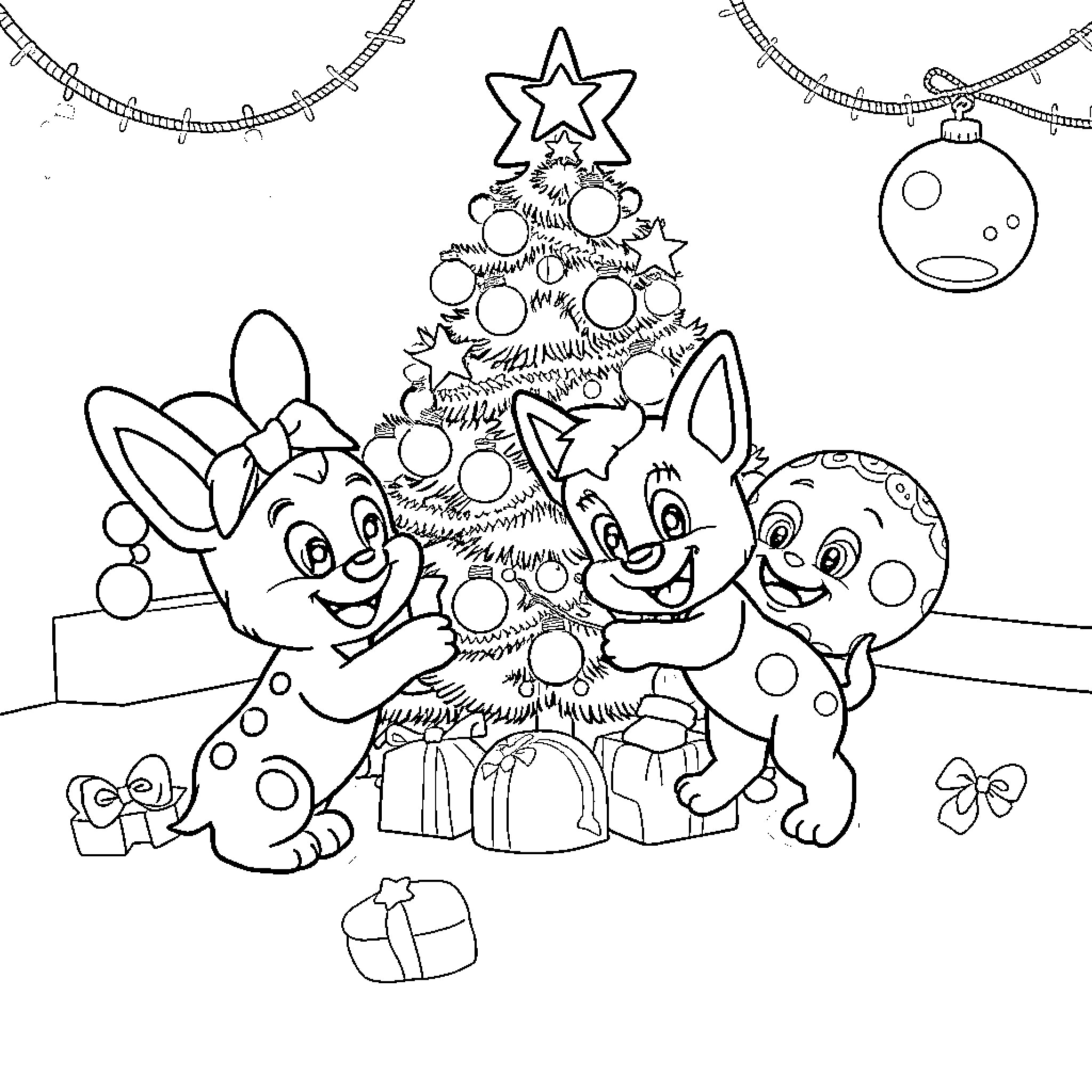 Bluey and friends decorate Christmas tree Coloring Page (free black-and-white line drawing printable PDF for all, from beginners to advanced learners, including children, teens, adults, and seniors)