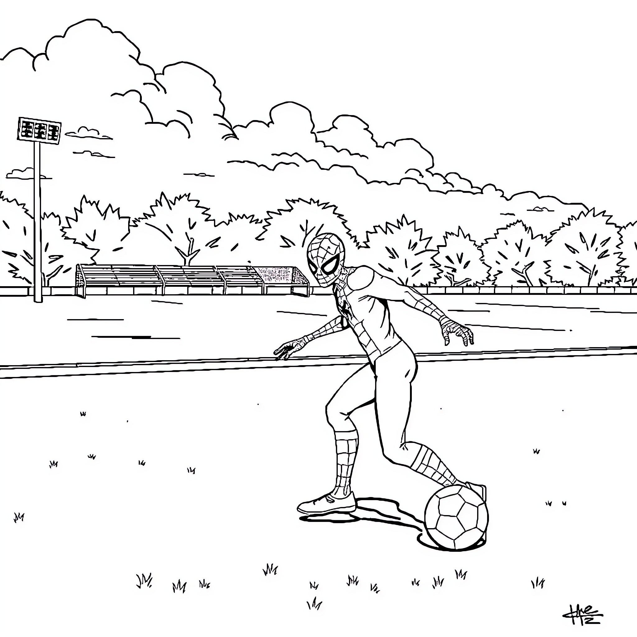 Spidey kicking a soccer ball on the field Coloring Page (free black-and-white line drawing printable PDF for all, from beginners to advanced learners, including children, teens, adults, and seniors)