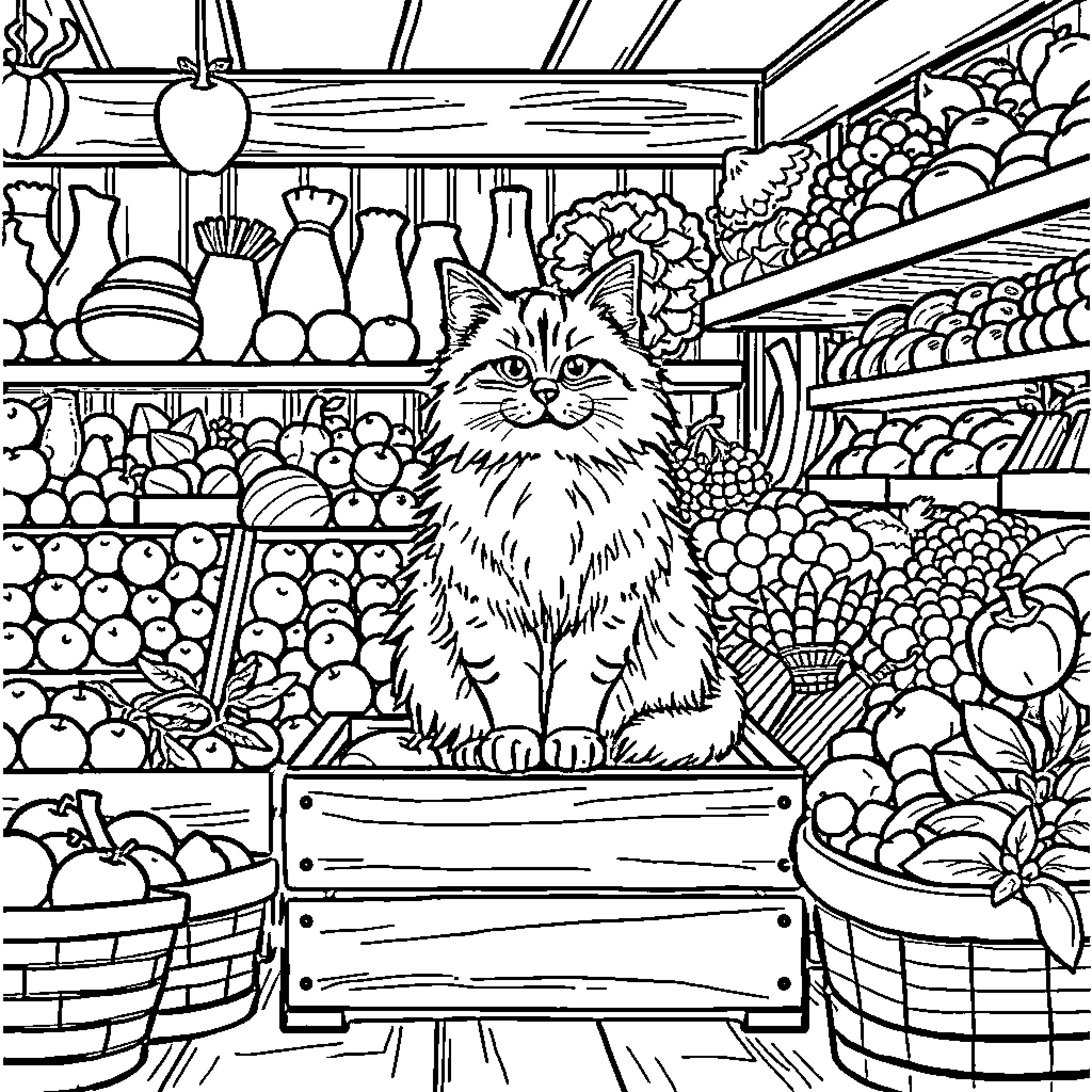 Cat exploring a cozy market stall Coloring Page (free black-and-white line drawing printable PDF for all, from beginners to advanced learners, including children, teens, adults, and seniors)
