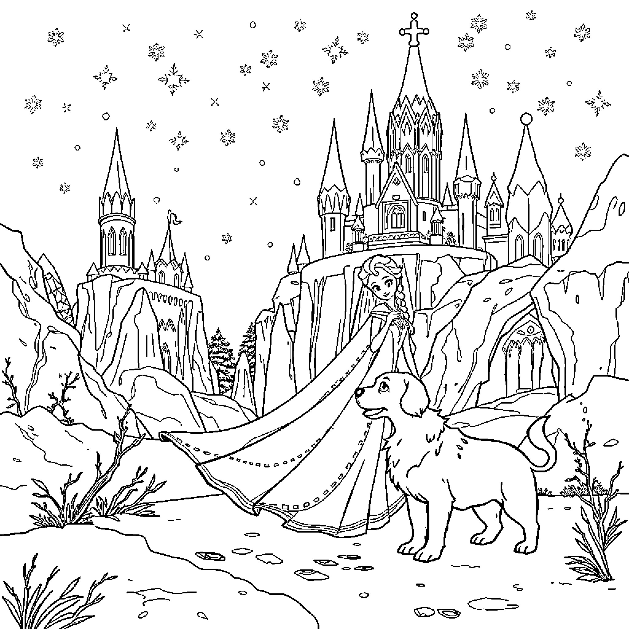 Elsa's Winter Wonderland Adventure Coloring Page (free black-and-white line drawing printable PDF for all, from beginners to advanced learners, including children, teens, adults, and seniors)