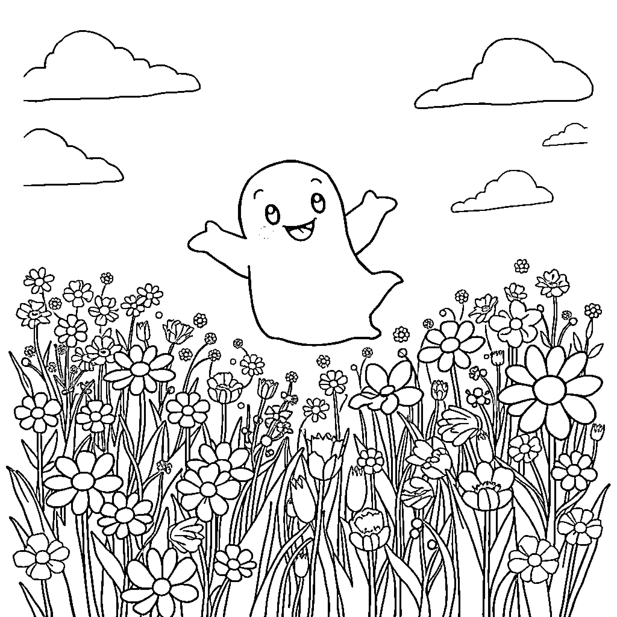 Ghost playing happily in the flower garden Coloring Page (free black-and-white line drawing printable PDF for all, from beginners to advanced learners, including children, teens, adults, and seniors)