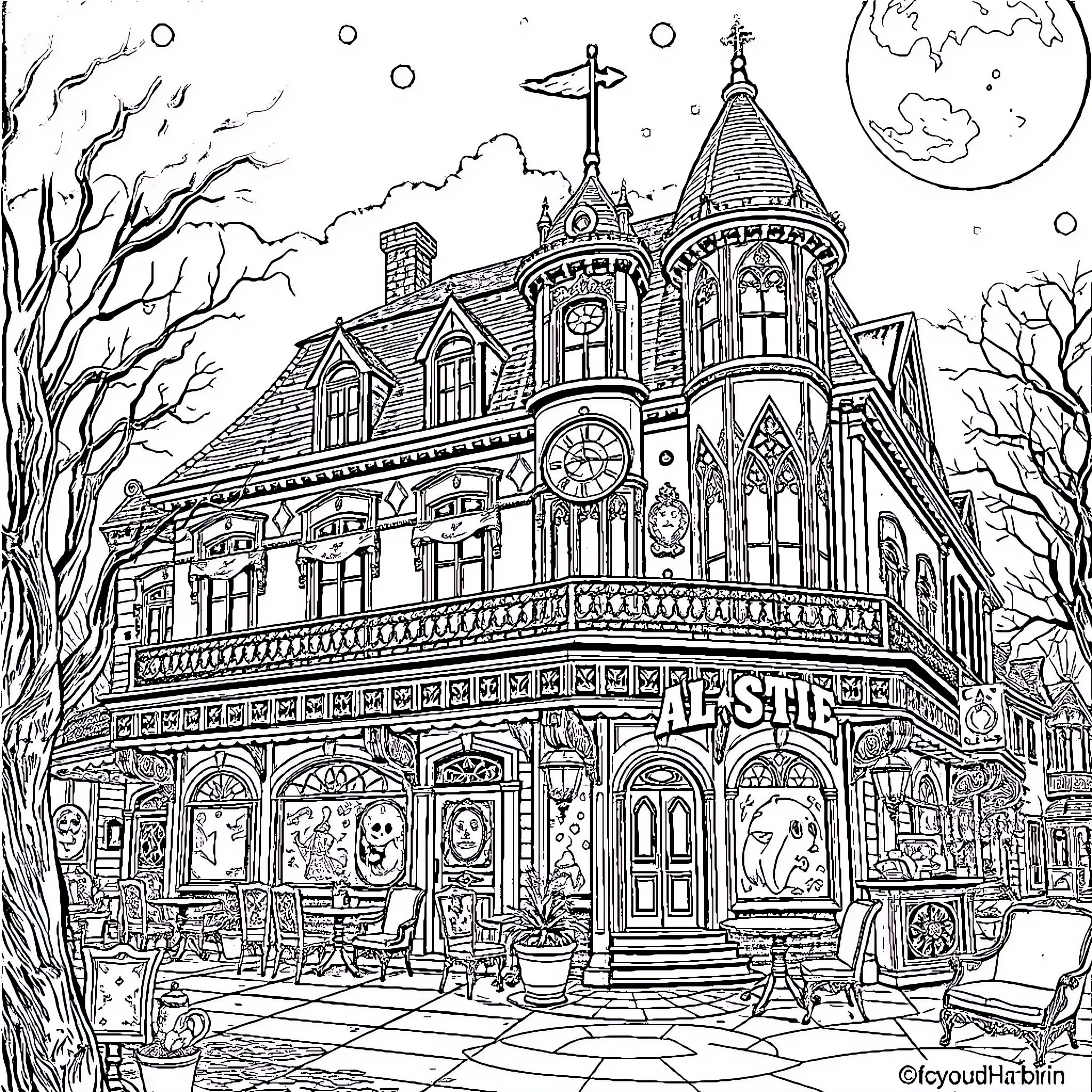 Alastor's Enchanted Victorian-Style Establishment Coloring Page (free black-and-white line drawing printable PDF for all, from beginners to advanced learners, including children, teens, adults, and seniors)