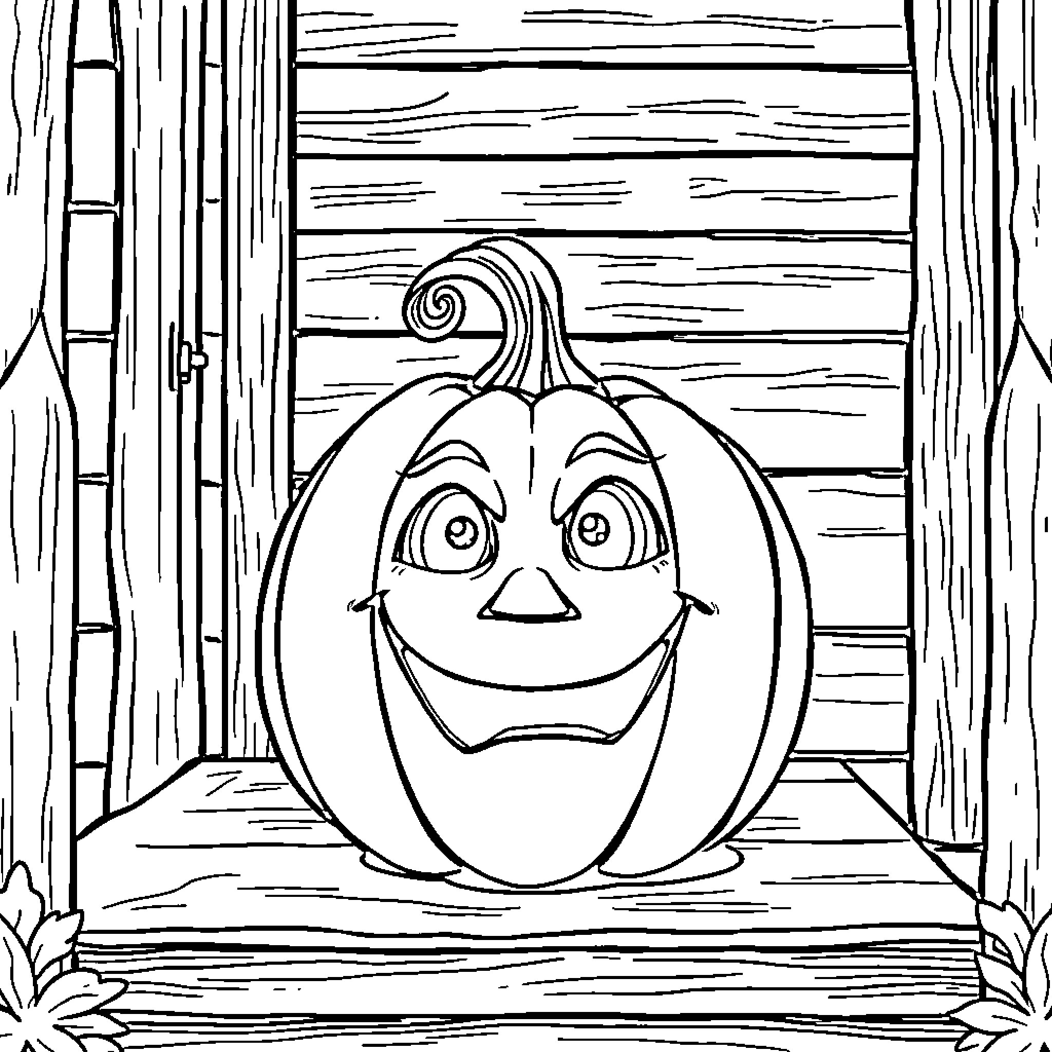 Pumpkin with a cheerful expression on the doorstep Coloring Page (free black-and-white line drawing printable PDF for all, from beginners to advanced learners, including children, teens, adults, and seniors)