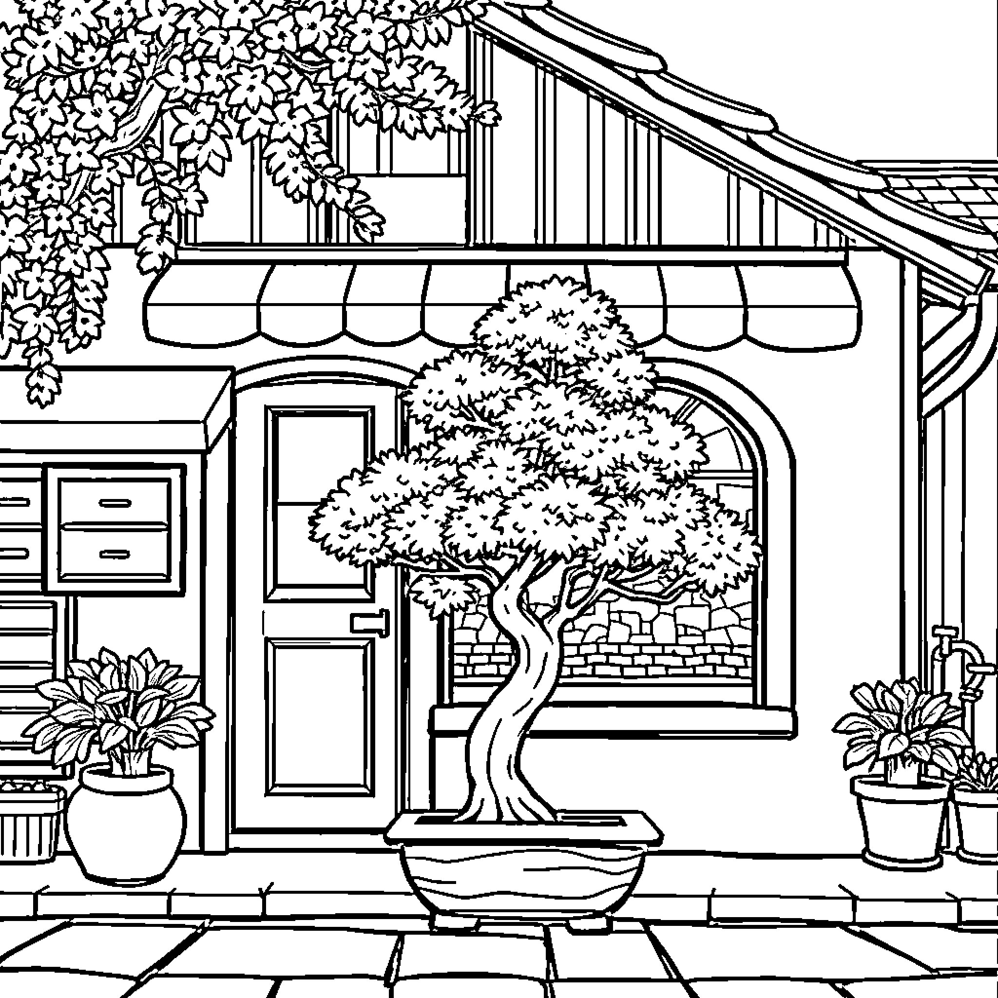 Bonsai tree in front of a traditional Japanese building Coloring Page (free black-and-white line drawing printable PDF for all, from beginners to advanced learners, including children, teens, adults, and seniors)