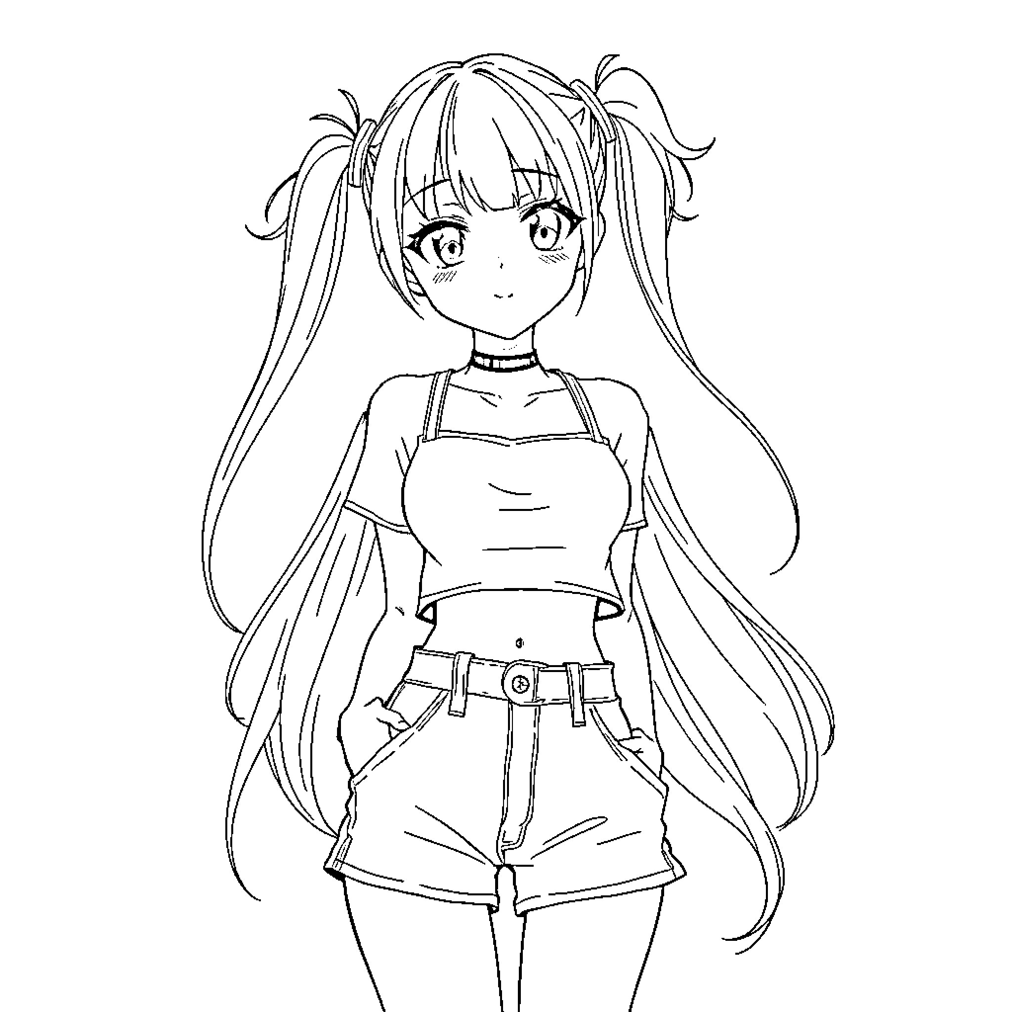Anime Girl with Pigtails in Casual Outfit Coloring Page (free black-and-white line drawing printable PDF for all, from beginners to advanced learners, including children, teens, adults, and seniors)