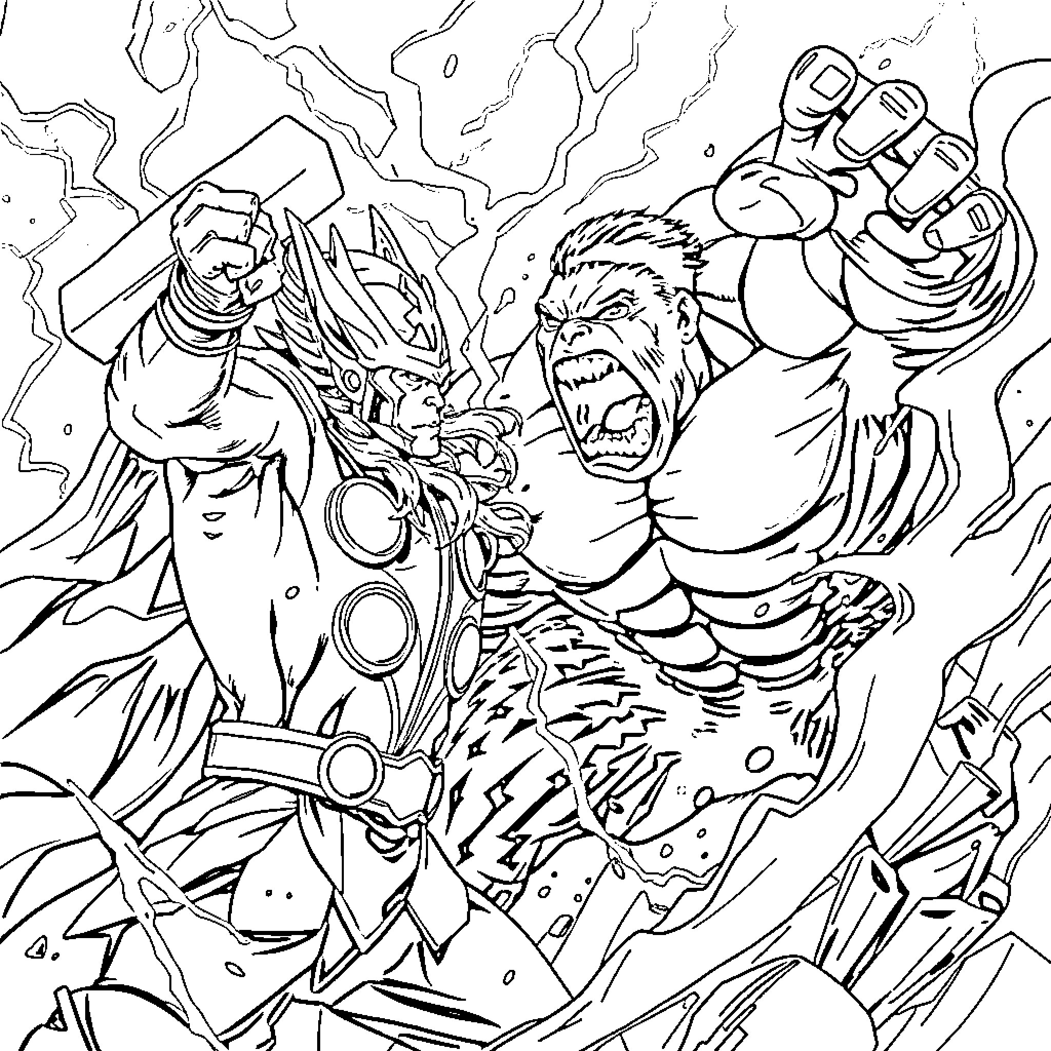 Thor Fighting Fierce Villain in Dramatic Battle Coloring Page (free black-and-white line drawing printable PDF for all, from beginners to advanced learners, including children, teens, adults, and seniors)