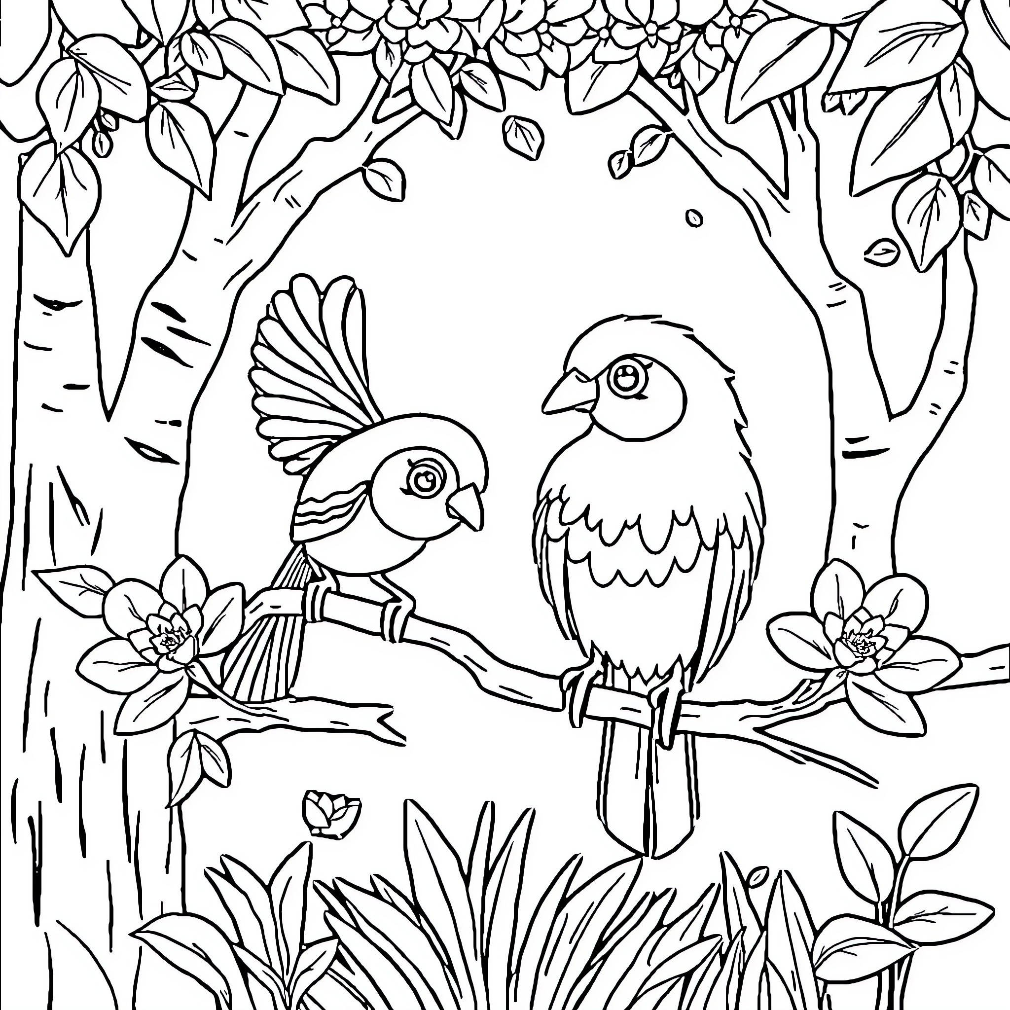 Animal friends in the forest Coloring Page (free black-and-white line drawing printable PDF for all, from beginners to advanced learners, including children, teens, adults, and seniors)