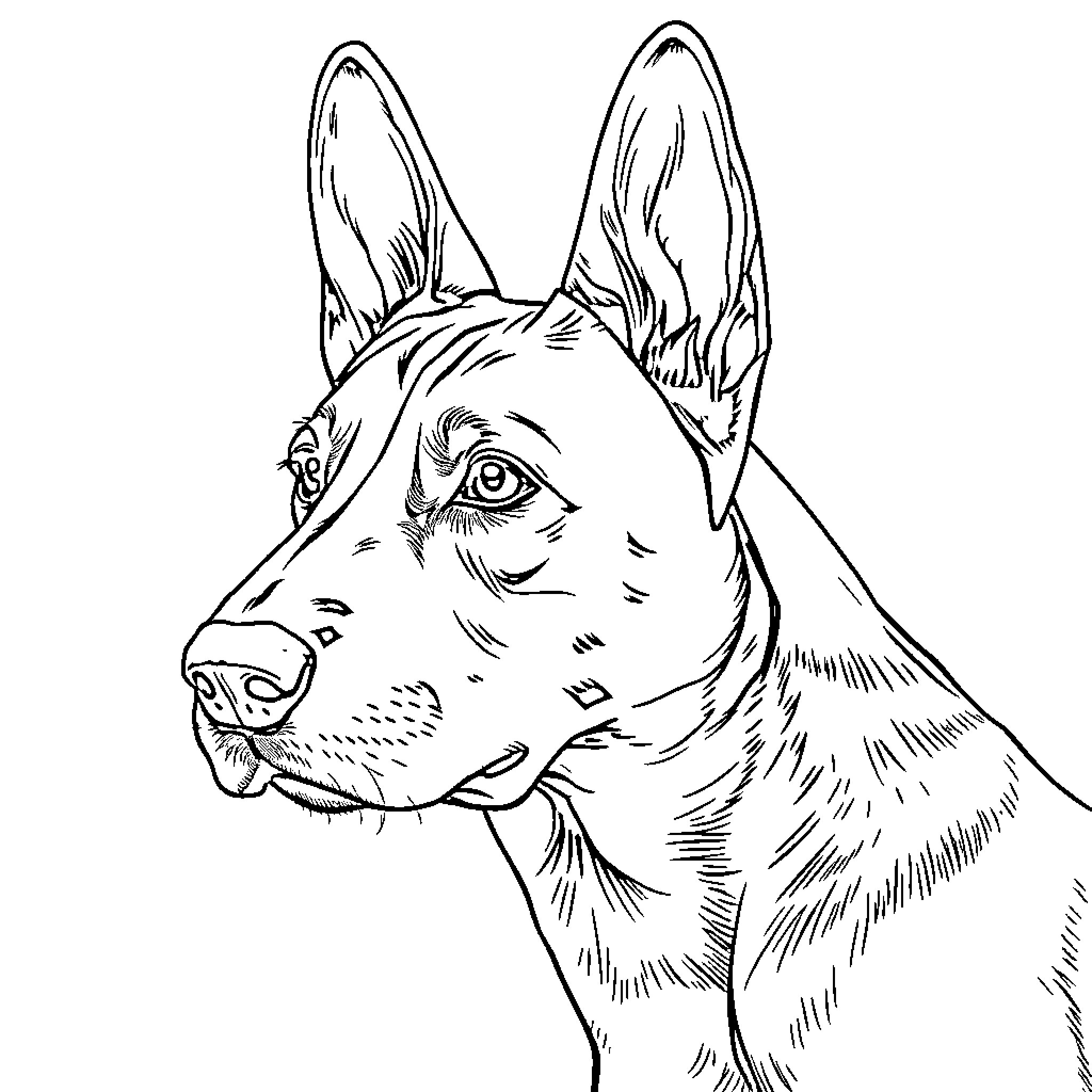 Malinois Guard Dog Focused and Alert Coloring Page (free black-and-white line drawing printable PDF for all, from beginners to advanced learners, including children, teens, adults, and seniors)